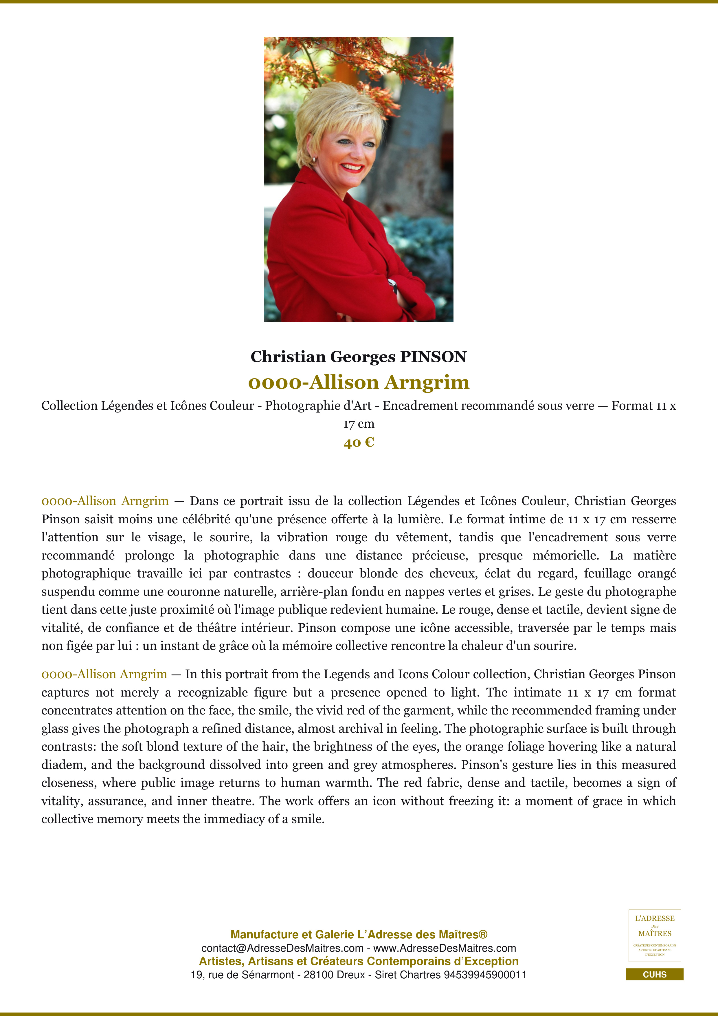 Fiche Premium — 0000-Allison Arngrim — Christian Georges PINSON — L'Adresse des Maîtres®