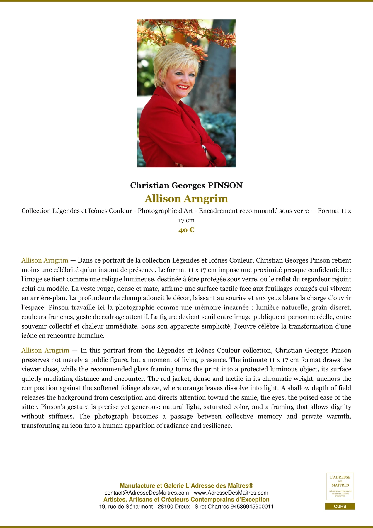 Fiche Premium - Allison Arngrim - Christian Georges PINSON - L'Adresse des Maîtres®