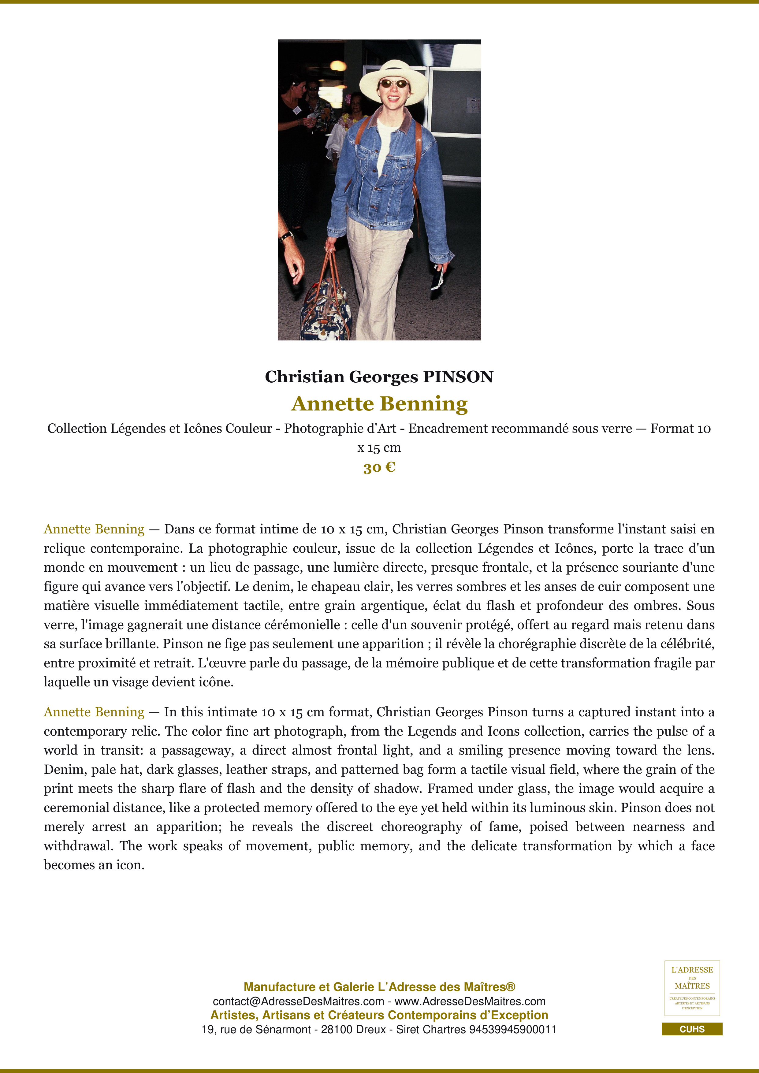 Fiche Premium — Annette Benning — Christian Georges PINSON — L'Adresse des Maîtres®