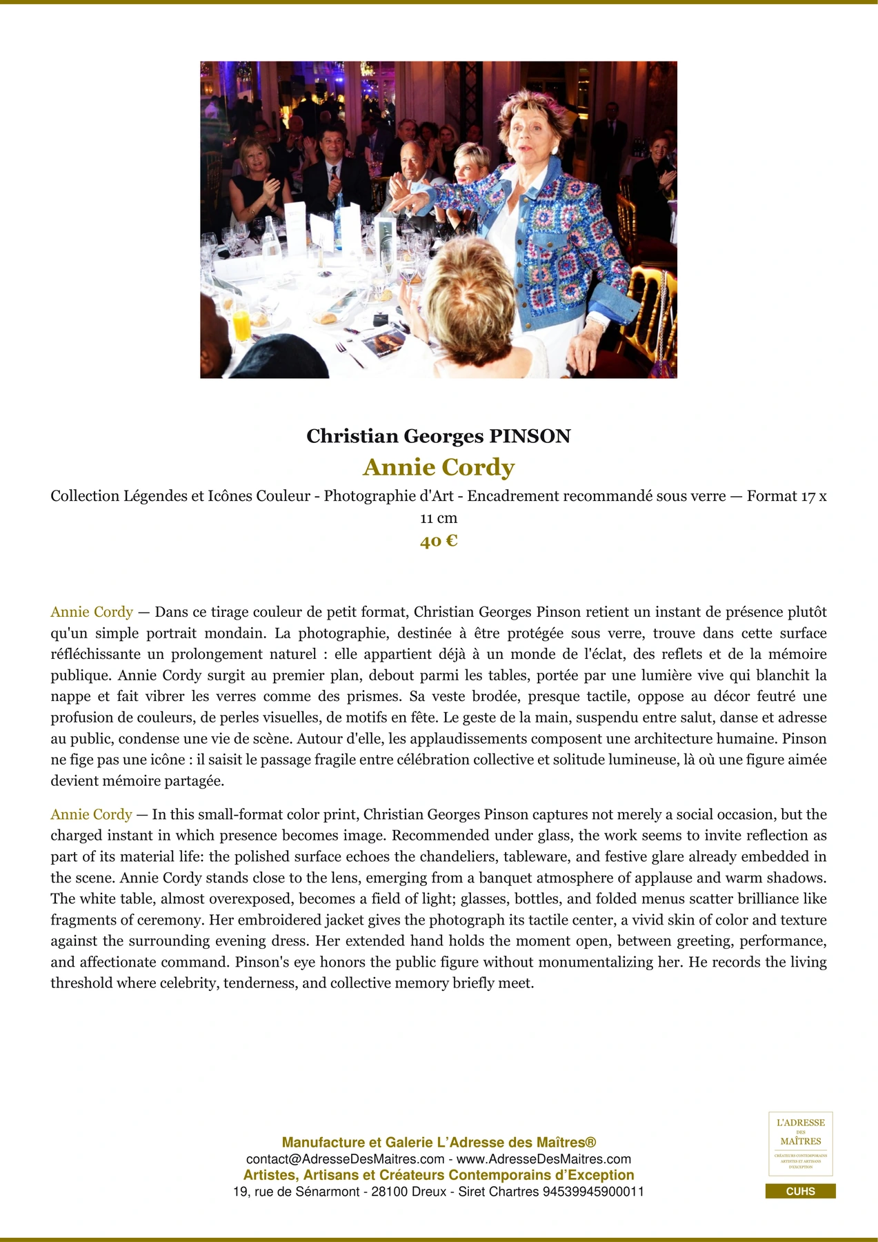Fiche Premium - Annie Cordy - Christian Georges PINSON - L'Adresse des Maîtres®