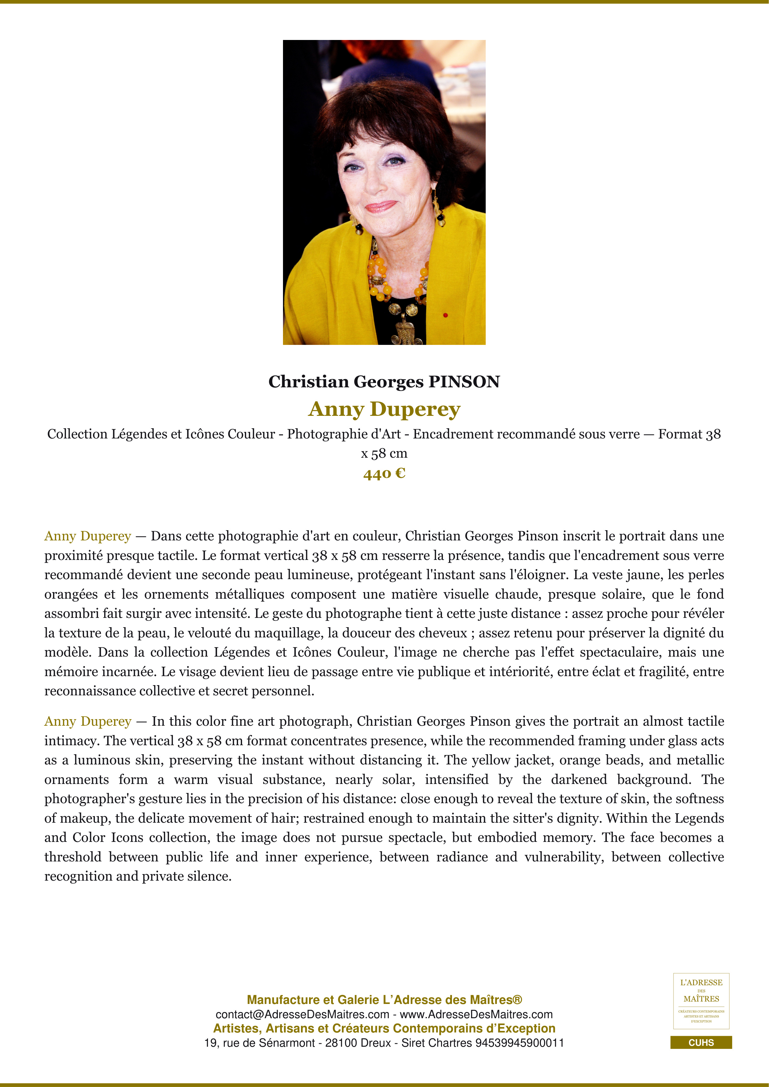 Fiche Premium — Anny Duperey — Christian Georges PINSON — L'Adresse des Maîtres®
