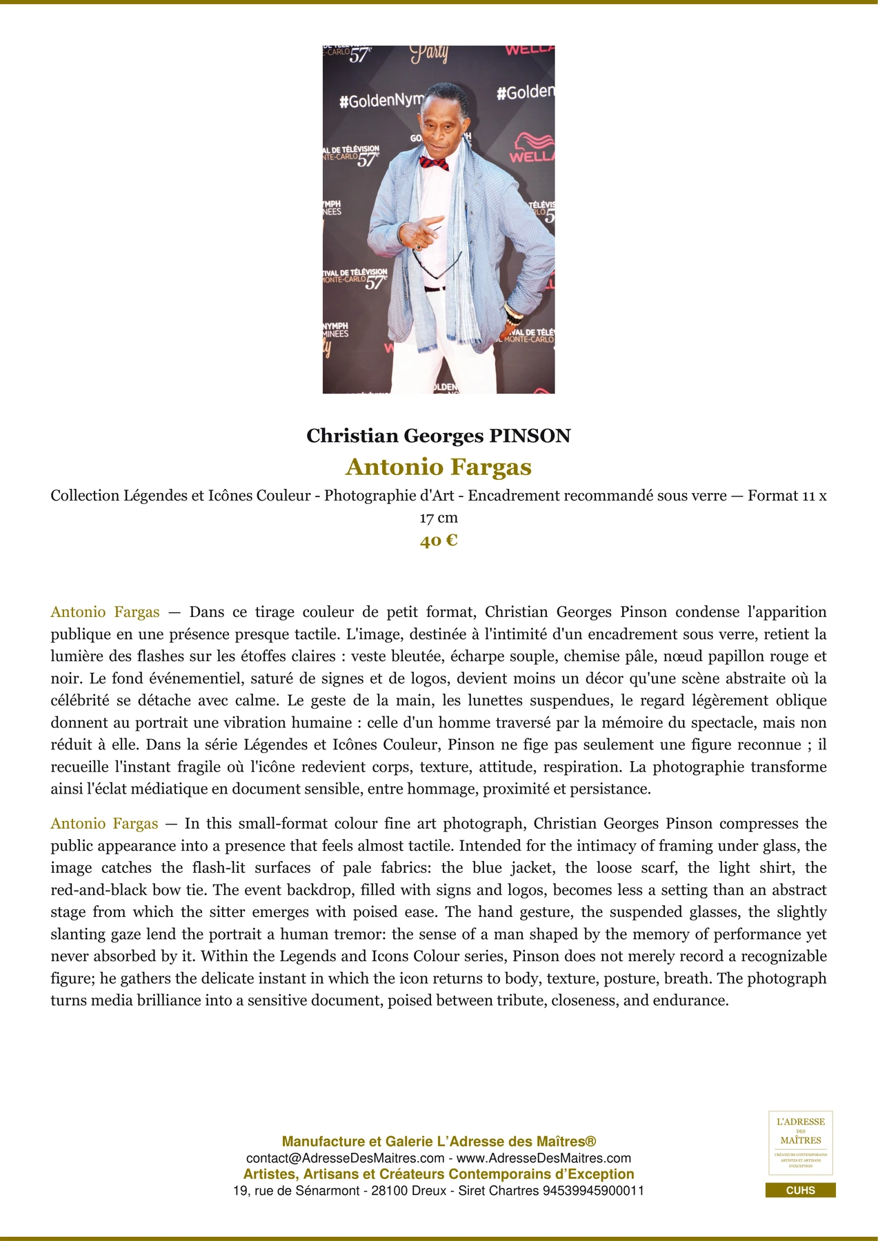 Fiche Premium - Antonio Fargas - Christian Georges PINSON - L'Adresse des Maîtres®
