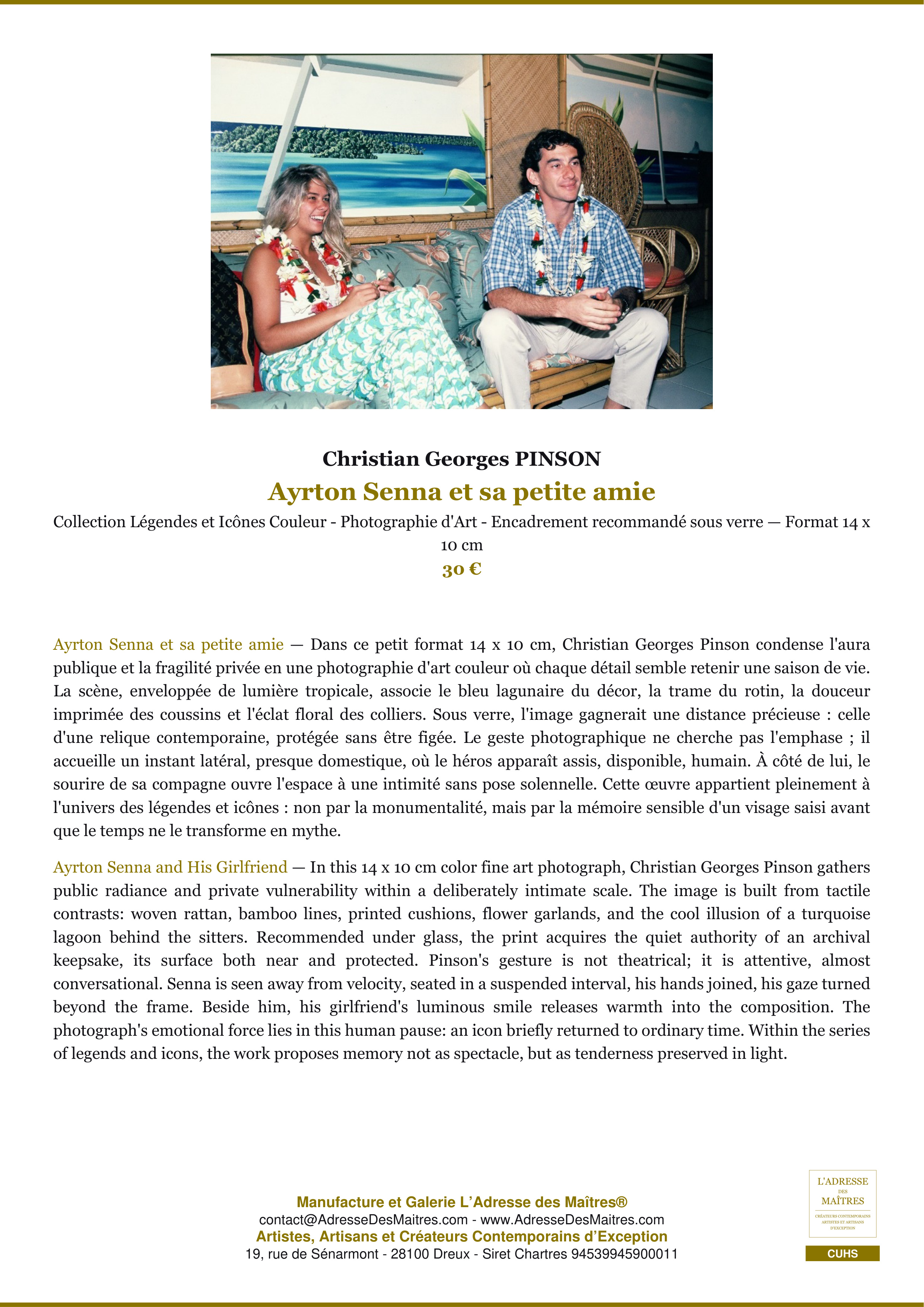 Fiche Premium — Ayrton Senna et sa petite amie — Christian Georges PINSON — L'Adresse des Maîtres®
