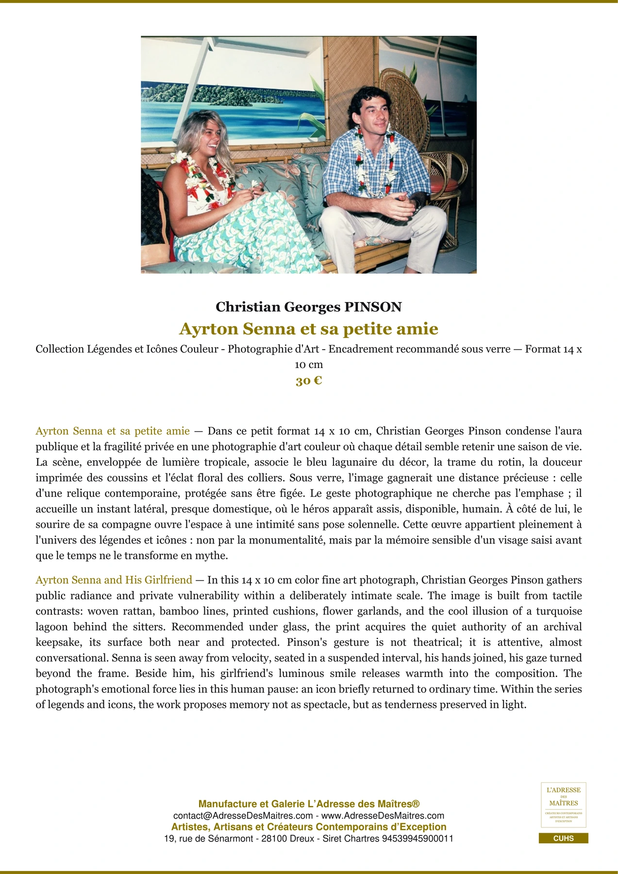 Fiche Premium - Ayrton Senna et sa petite amie - Christian Georges PINSON - L'Adresse des Maîtres®