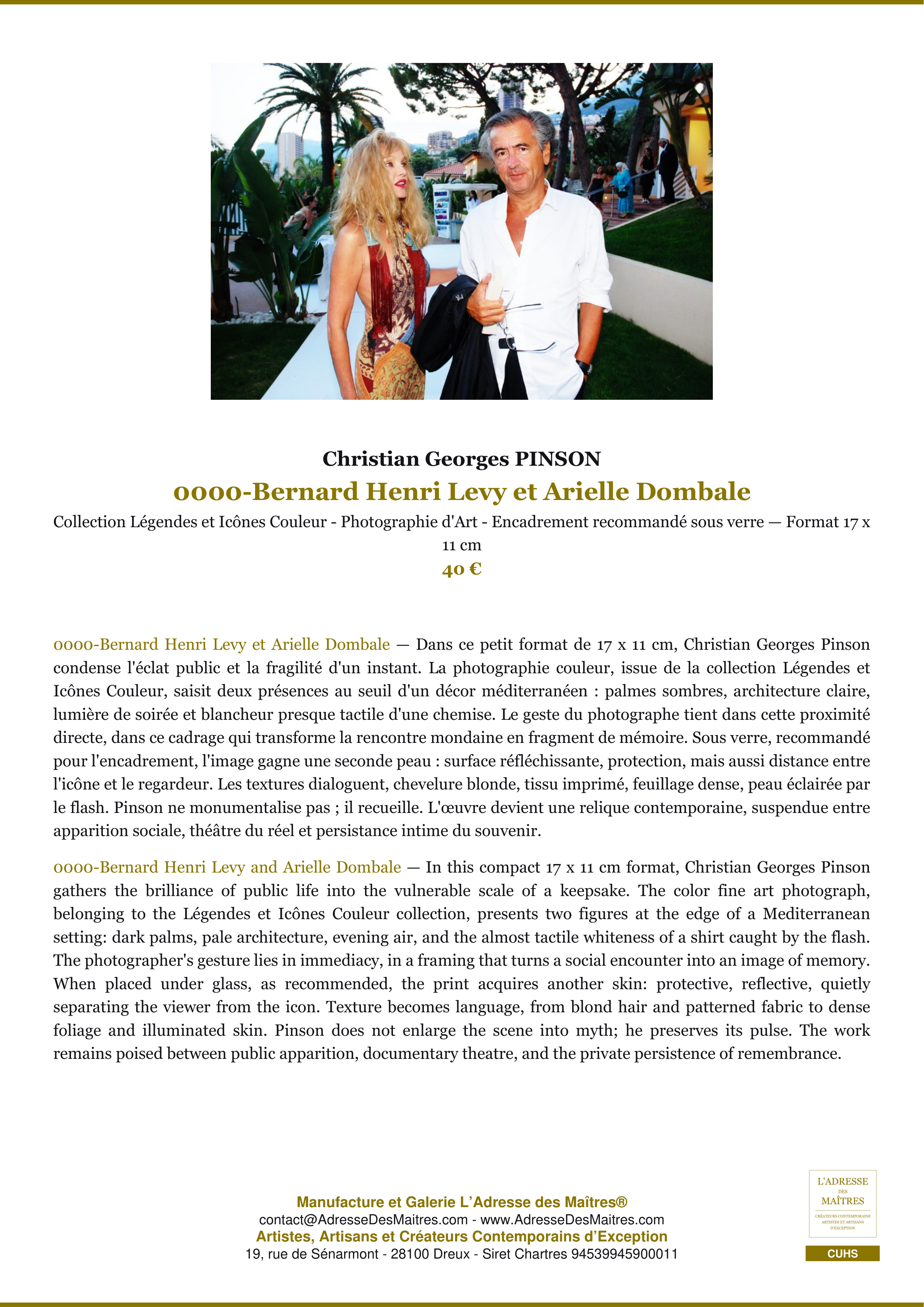 Fiche Premium — 0000-Bernard Henri Levy et Arielle Dombale — Christian Georges PINSON — L'Adresse des Maîtres®