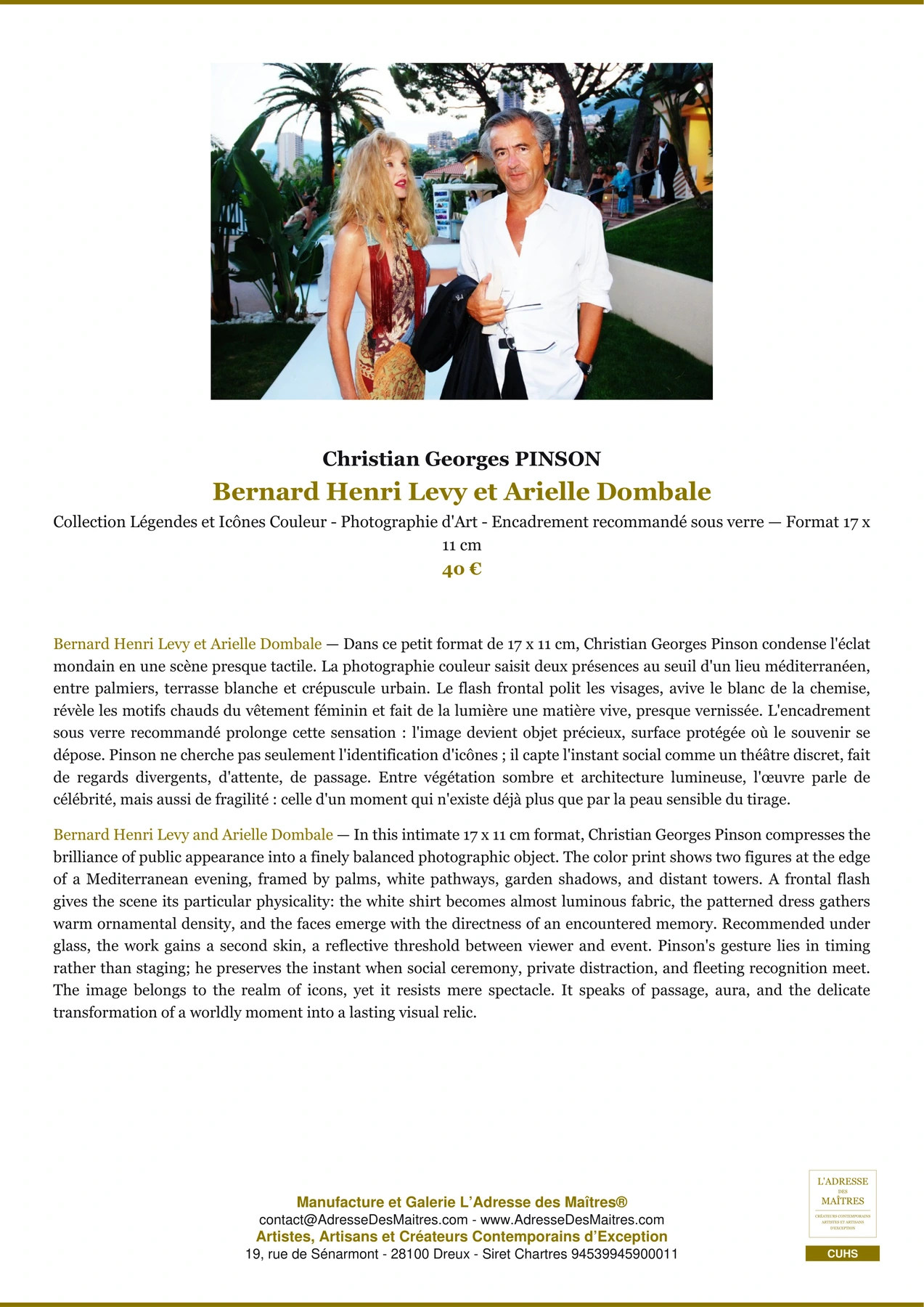 Fiche Premium - Bernard Henri Levy et Arielle Dombale - Christian Georges PINSON - L'Adresse des Maîtres®
