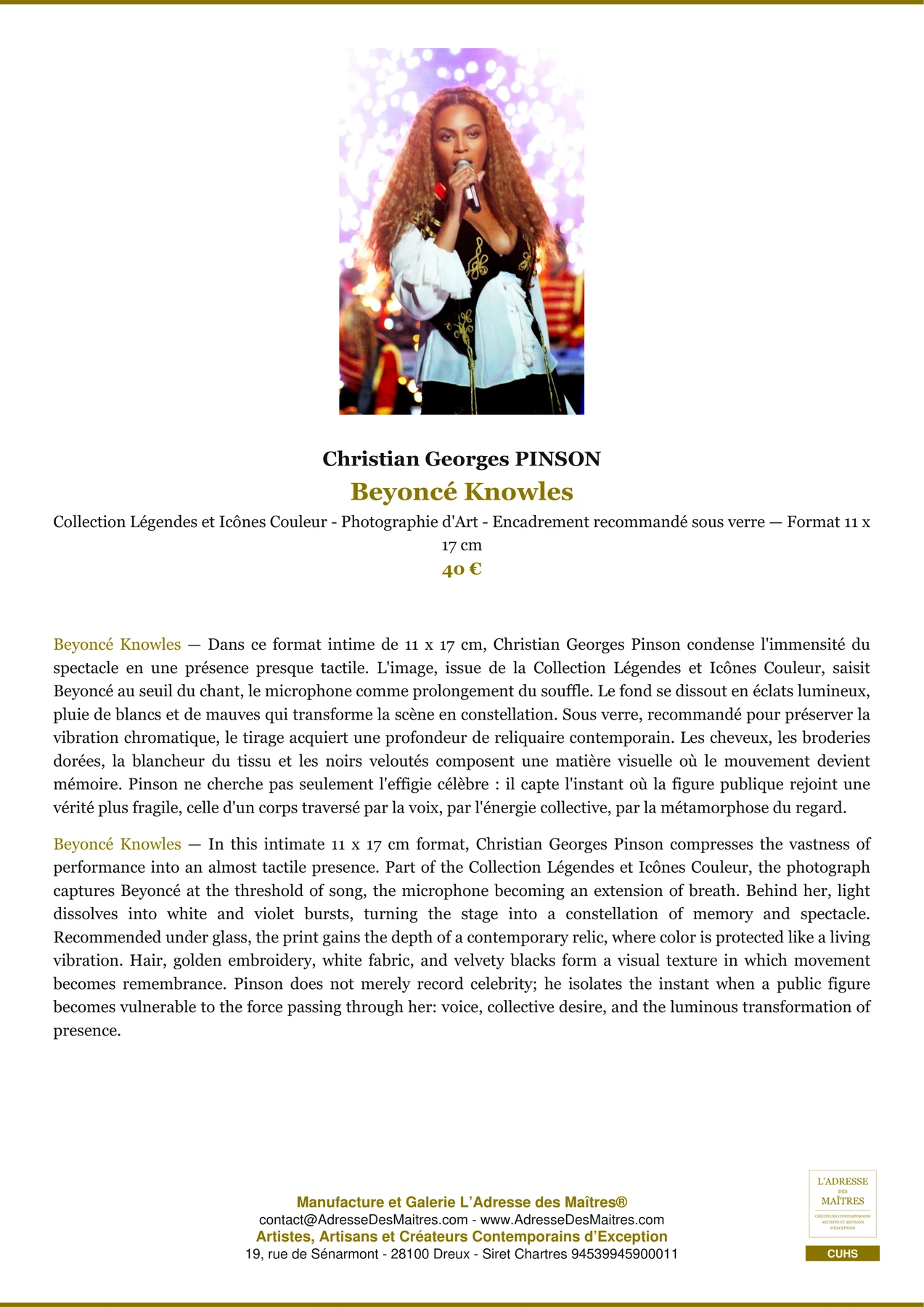 Fiche Premium - Beyoncé Knowles - Christian Georges PINSON - L'Adresse des Maîtres®