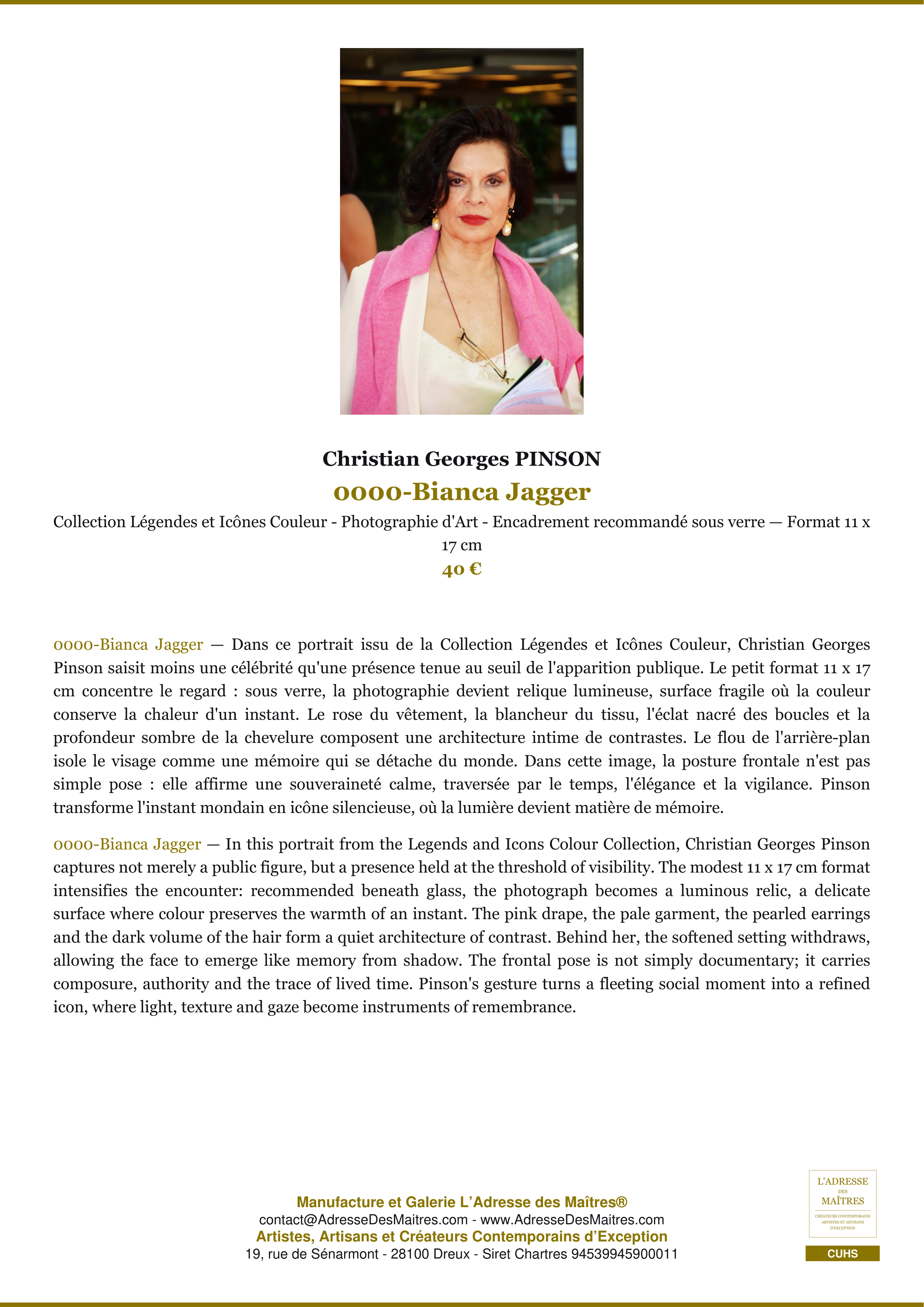 Fiche Premium — 0000-Bianca Jagger — Christian Georges PINSON — L'Adresse des Maîtres®