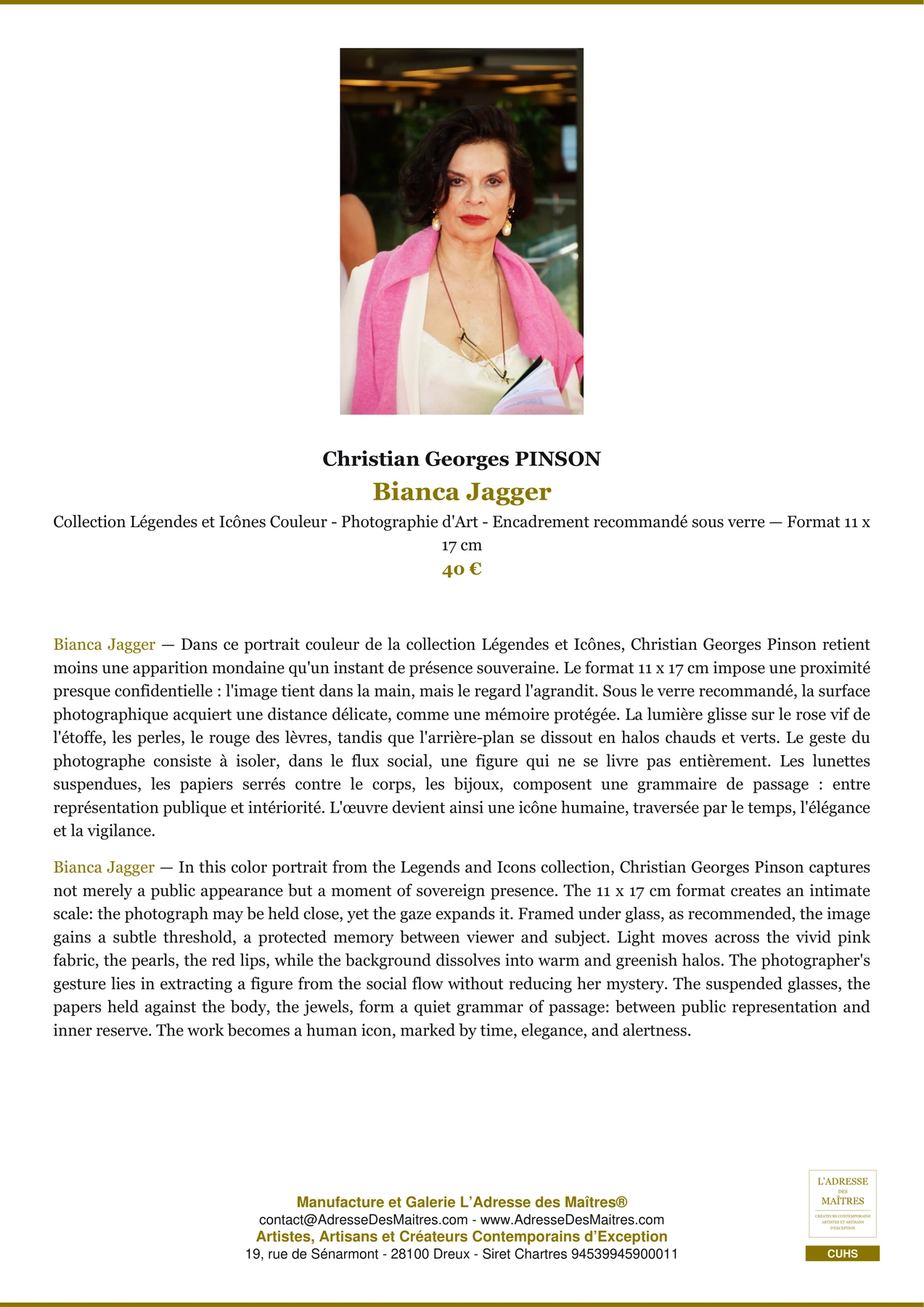 Fiche Premium - Bianca Jagger - Christian Georges PINSON - L'Adresse des Maîtres®