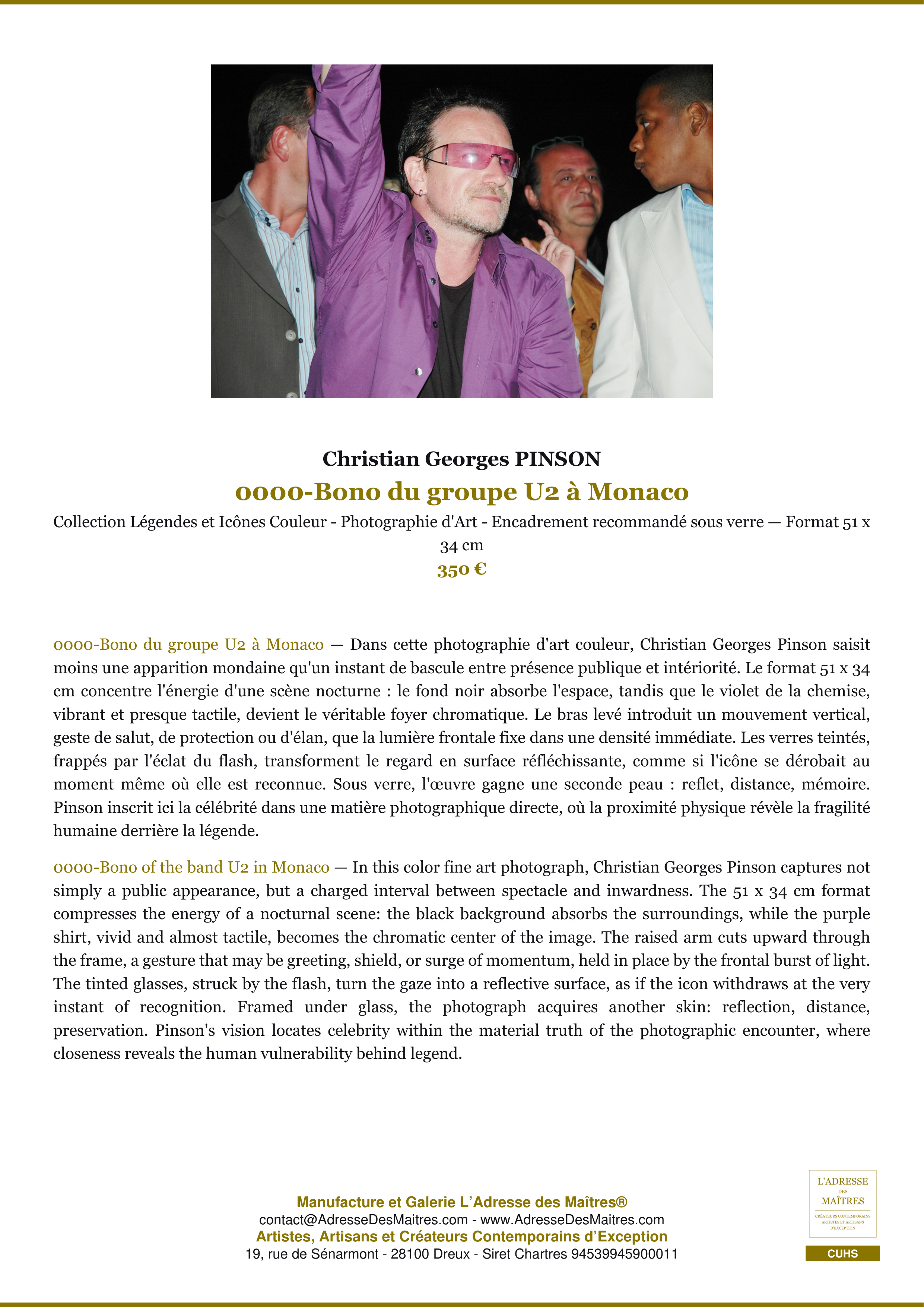 Fiche Premium — 0000-Bono du groupe U2 à Monaco — Christian Georges PINSON — L'Adresse des Maîtres®