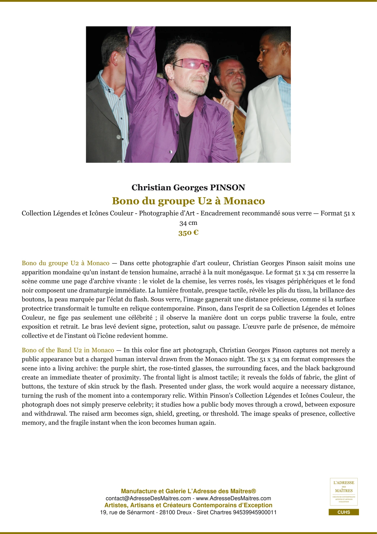 Fiche Premium - Bono du groupe U2 à Monaco - Christian Georges PINSON - L'Adresse des Maîtres®