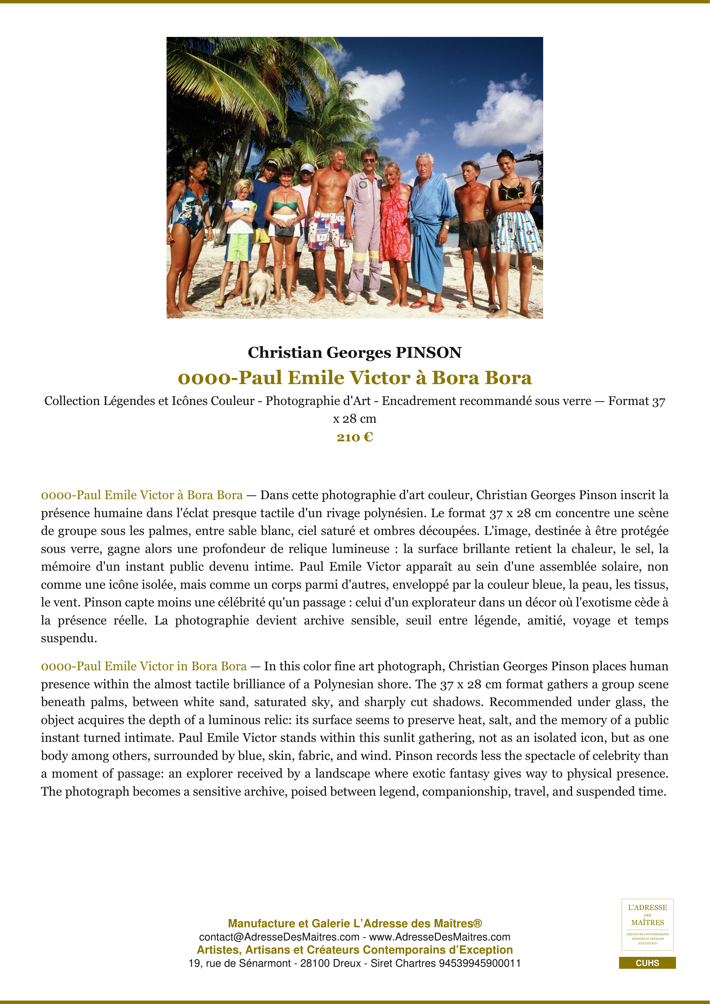 Fiche Premium — 0000-Paul Emile Victor à Bora Bora — Christian Georges PINSON — L'Adresse des Maîtres®