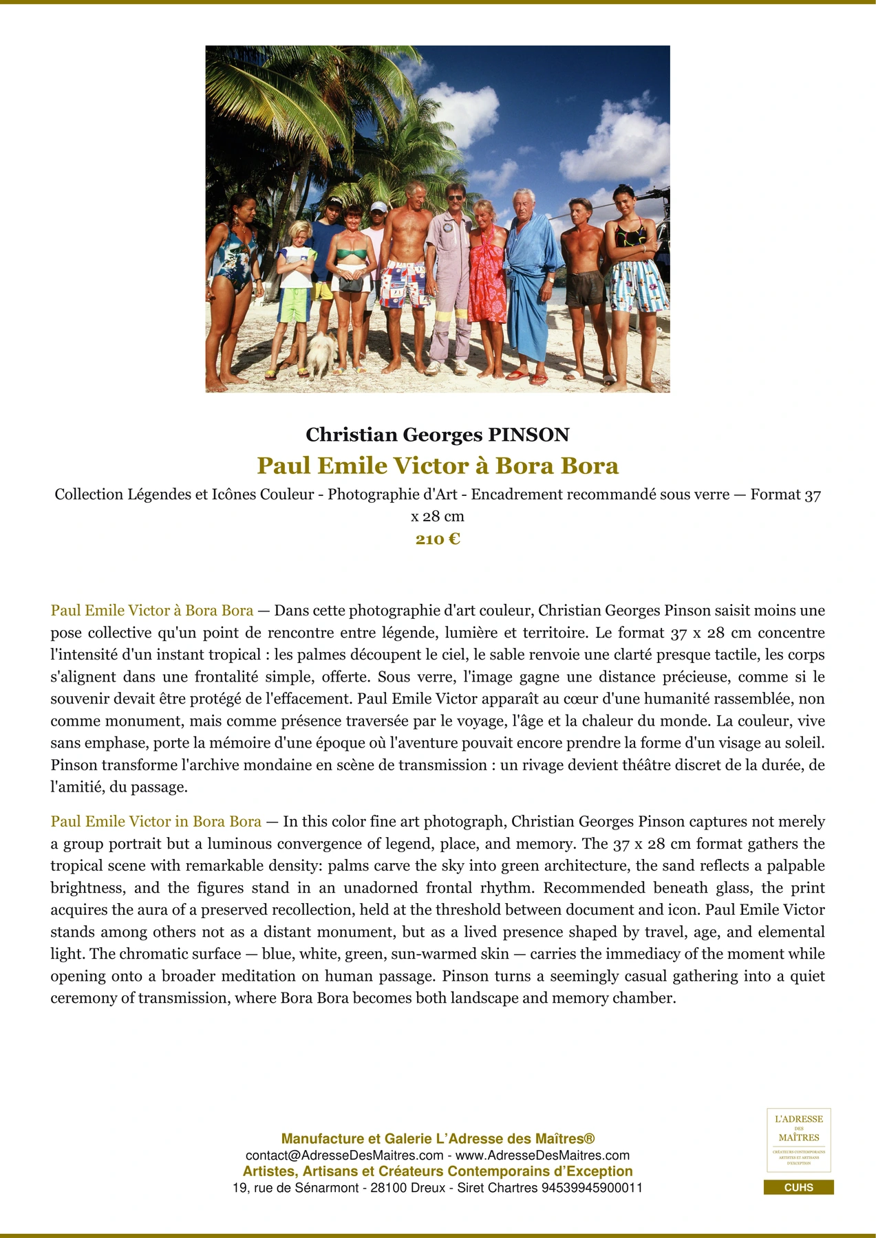 Fiche Premium - Paul Emile Victor à Bora Bora - Christian Georges PINSON - L'Adresse des Maîtres®