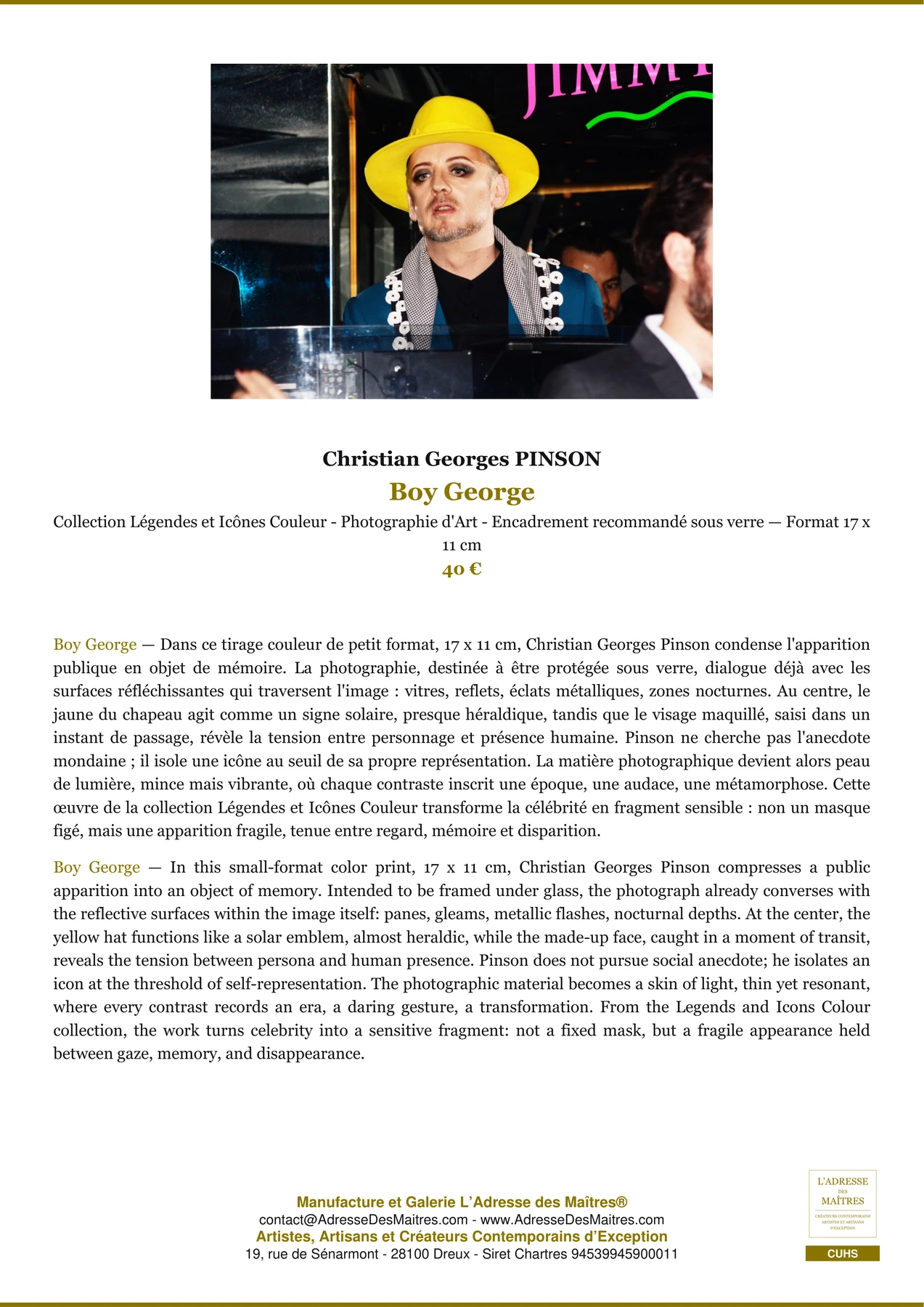 Fiche Premium - Boy George - Christian Georges PINSON - L'Adresse des Maîtres®