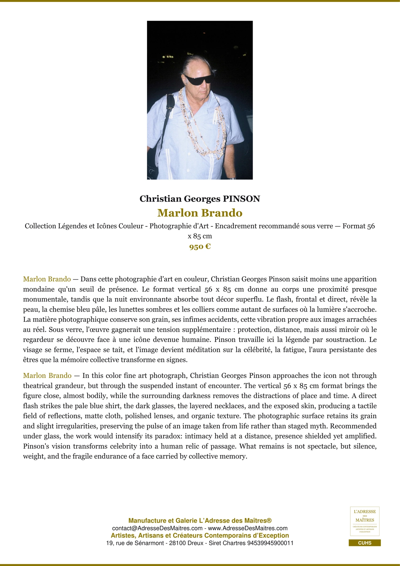 Fiche Premium - Marlon Brando - Christian Georges PINSON - L'Adresse des Maîtres®