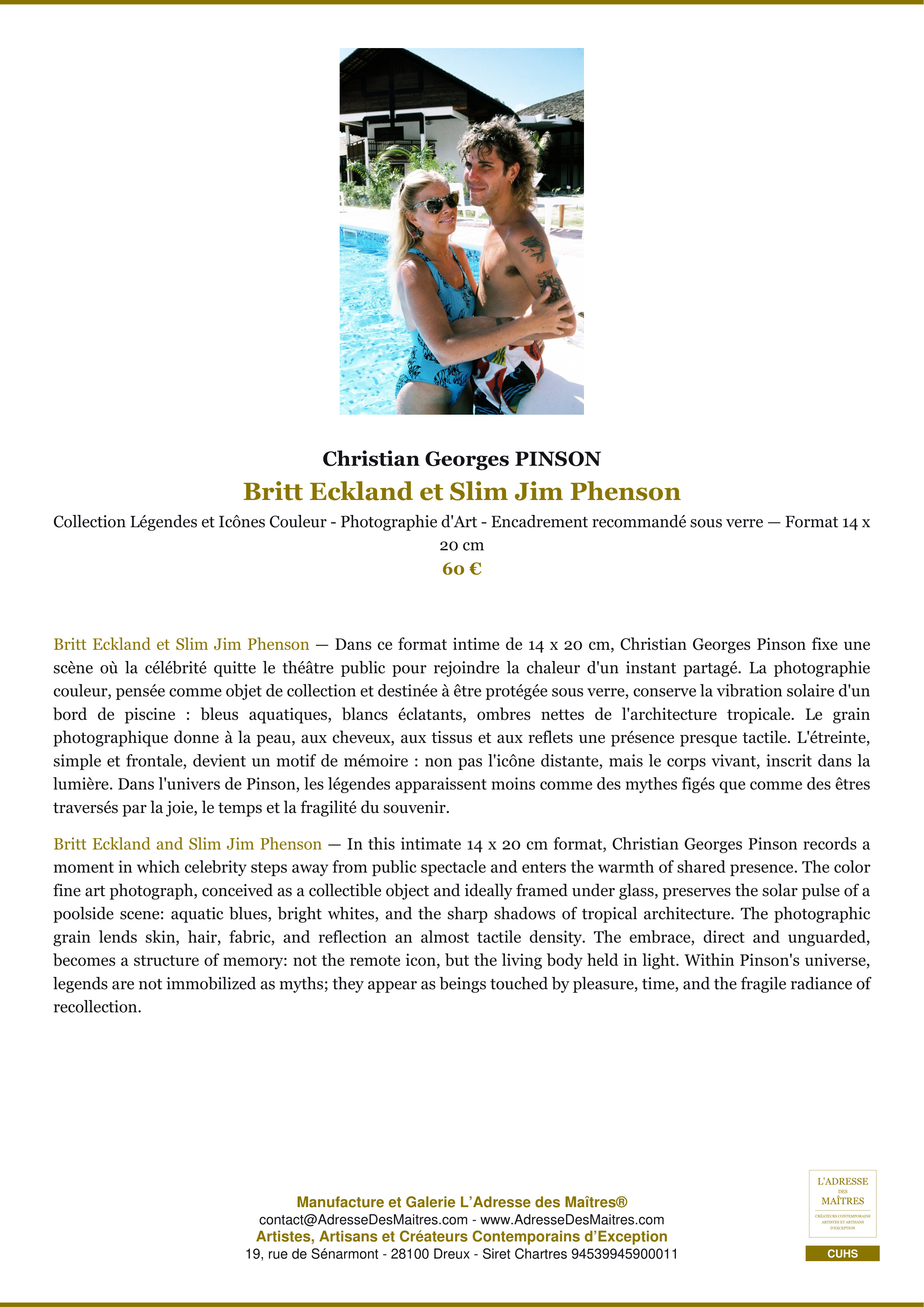 Fiche Premium — Britt Eckland et Slim Jim Phenson — Christian Georges PINSON — L'Adresse des Maîtres®