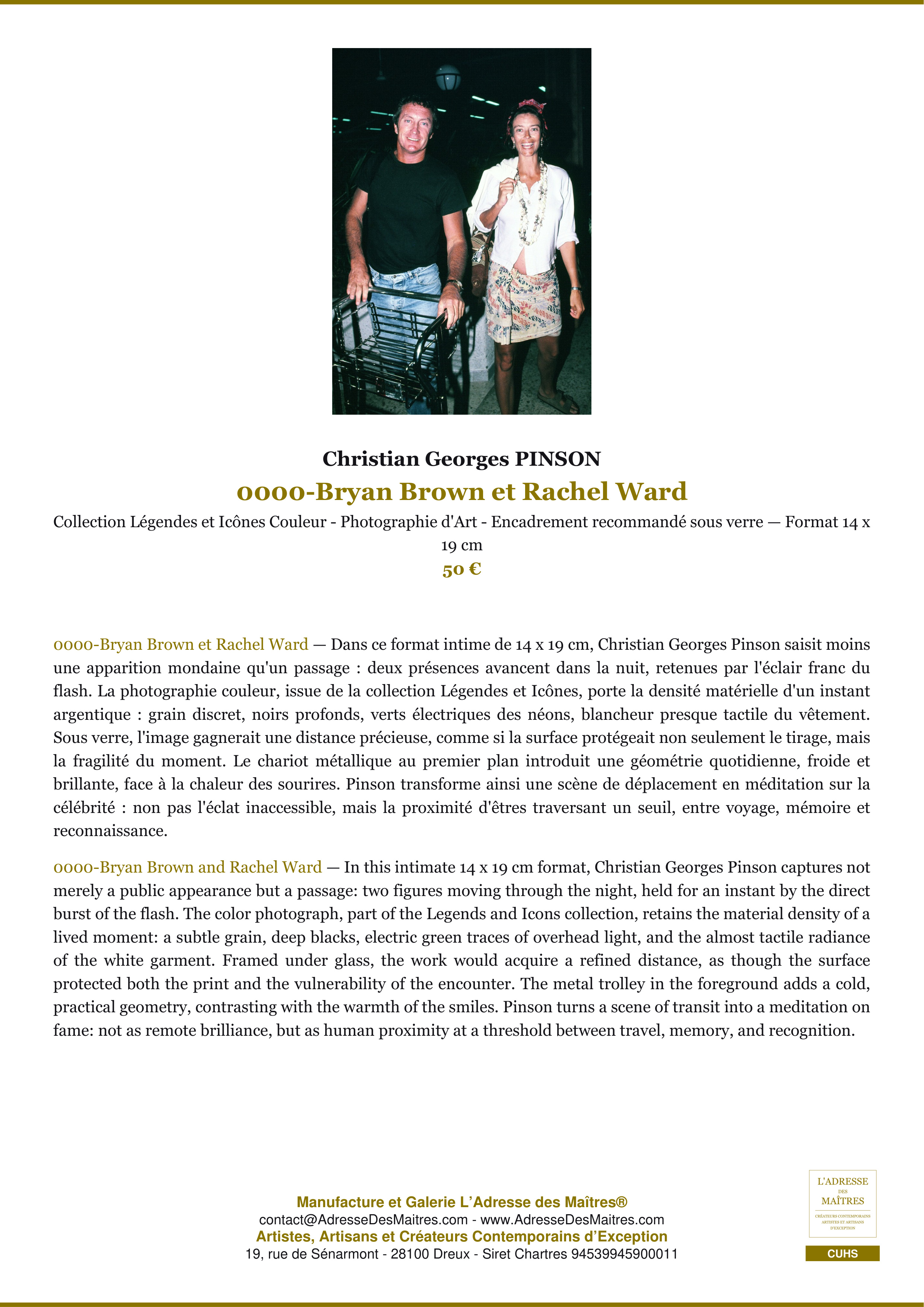 Fiche Premium — 0000-Bryan Brown et Rachel Ward — Christian Georges PINSON — L'Adresse des Maîtres®