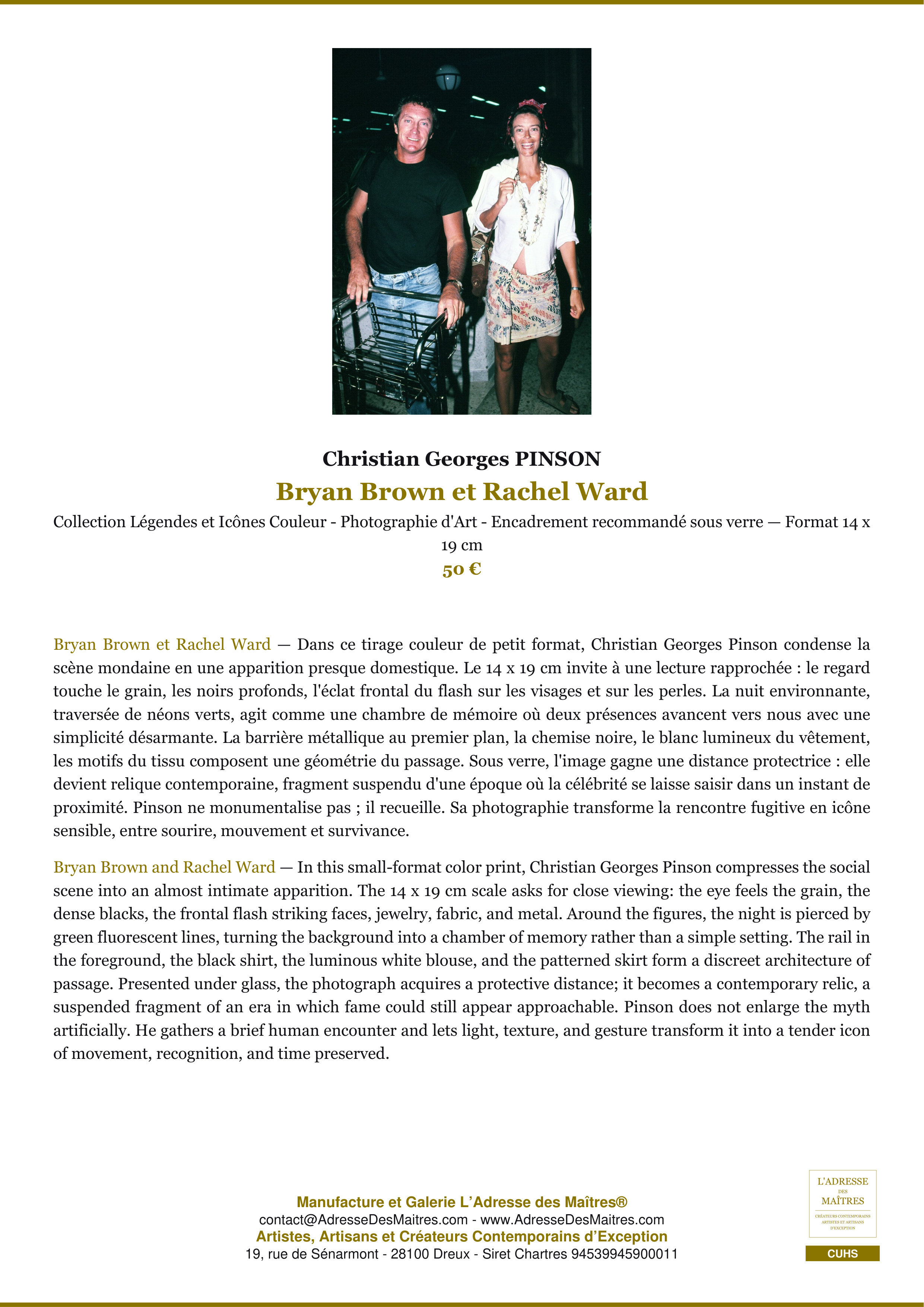 Fiche Premium — Bryan Brown et Rachel Ward — Christian Georges PINSON — L'Adresse des Maîtres®