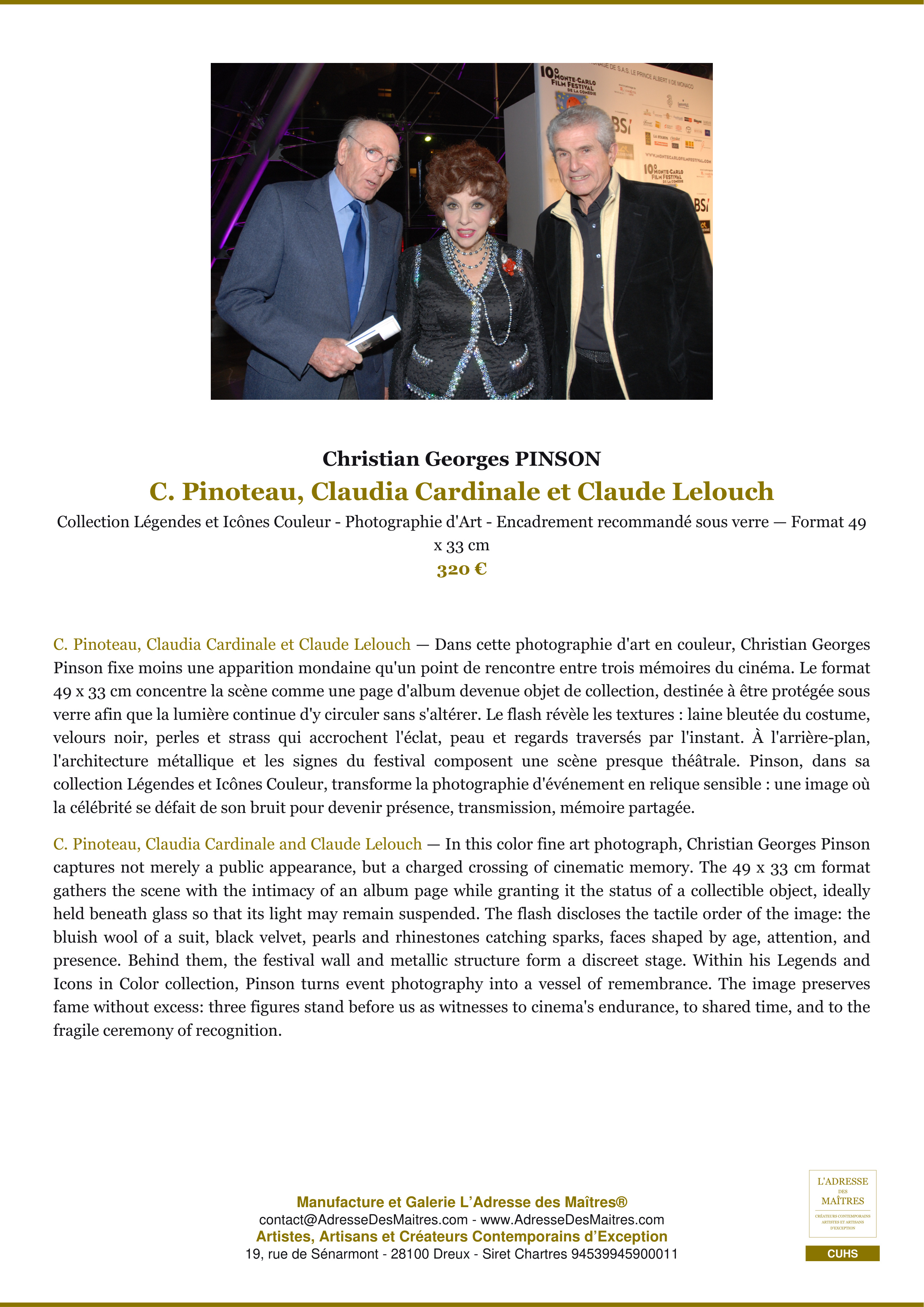 Fiche Premium — C. Pinoteau, Claudia Cardinale et Claude Lelouch — Christian Georges PINSON — L'Adresse des Maîtres®