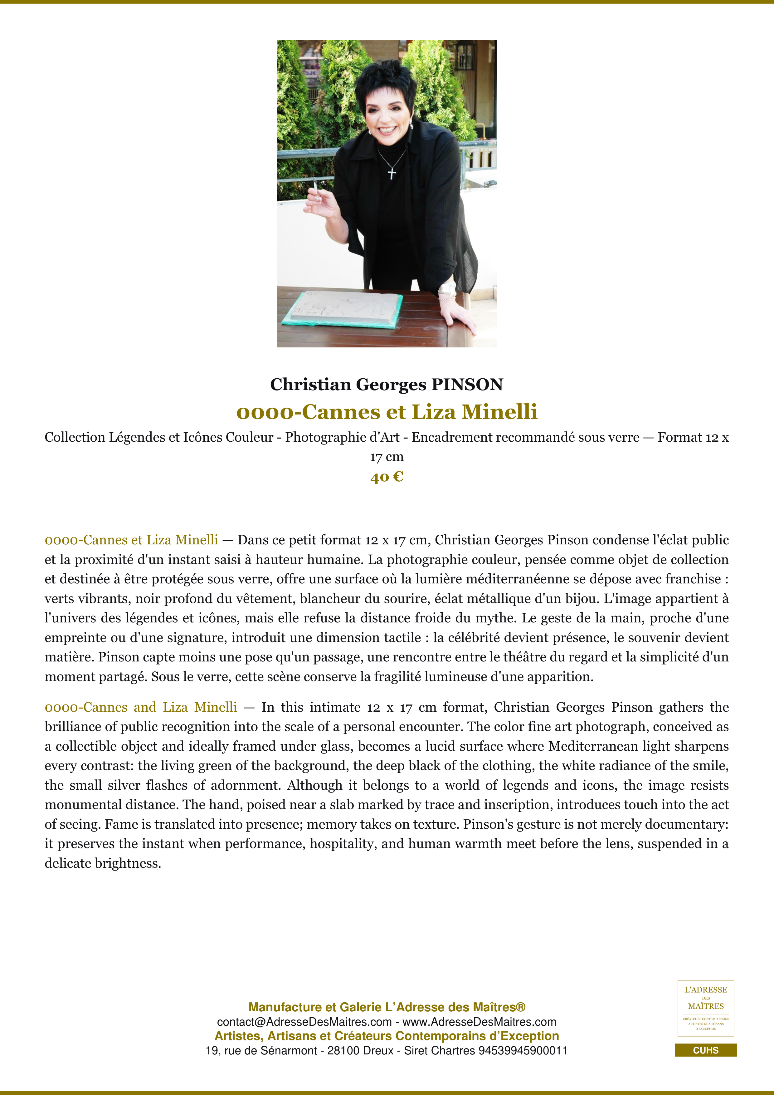 Fiche Premium — 0000-Cannes et Liza Minelli — Christian Georges PINSON — L'Adresse des Maîtres®