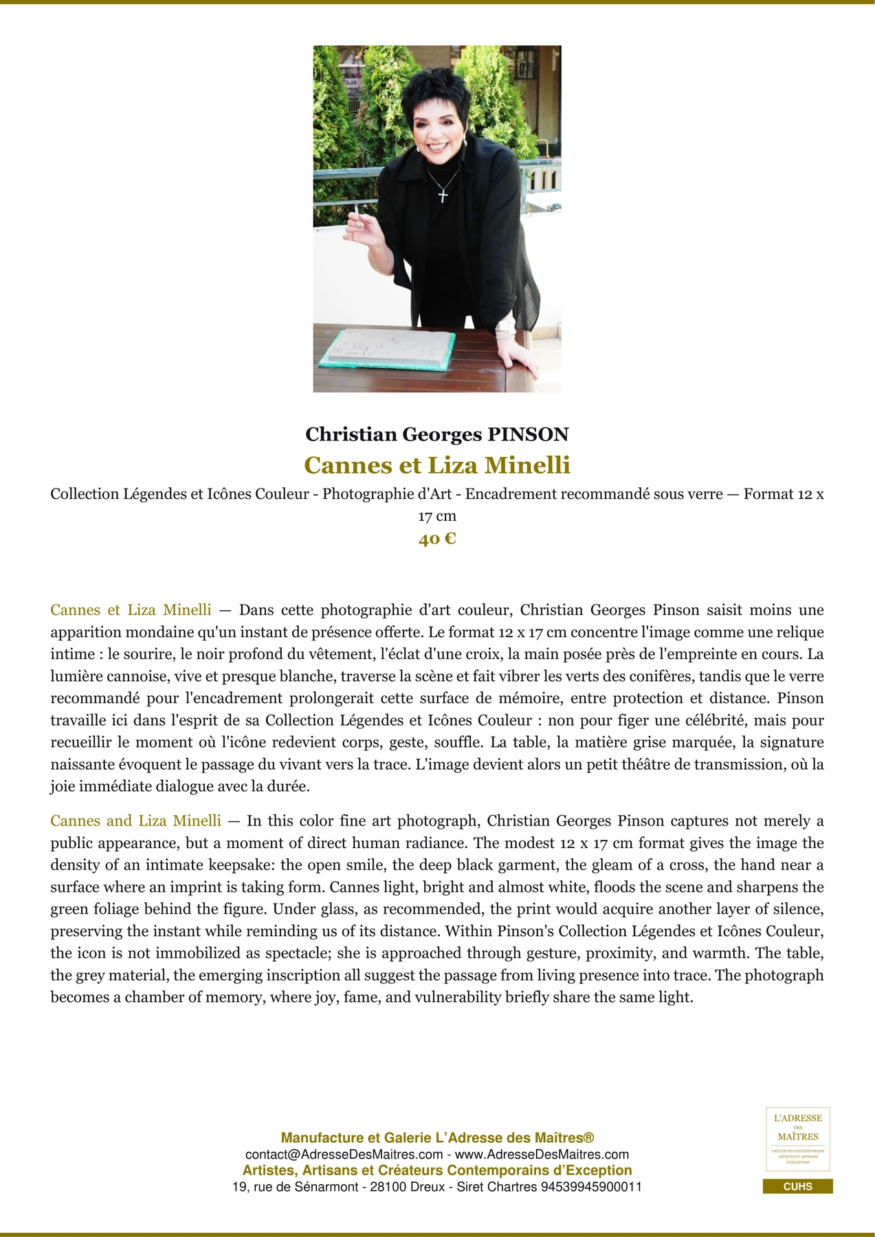 Fiche Premium - Cannes et Liza Minelli - Christian Georges PINSON - L'Adresse des Maîtres®