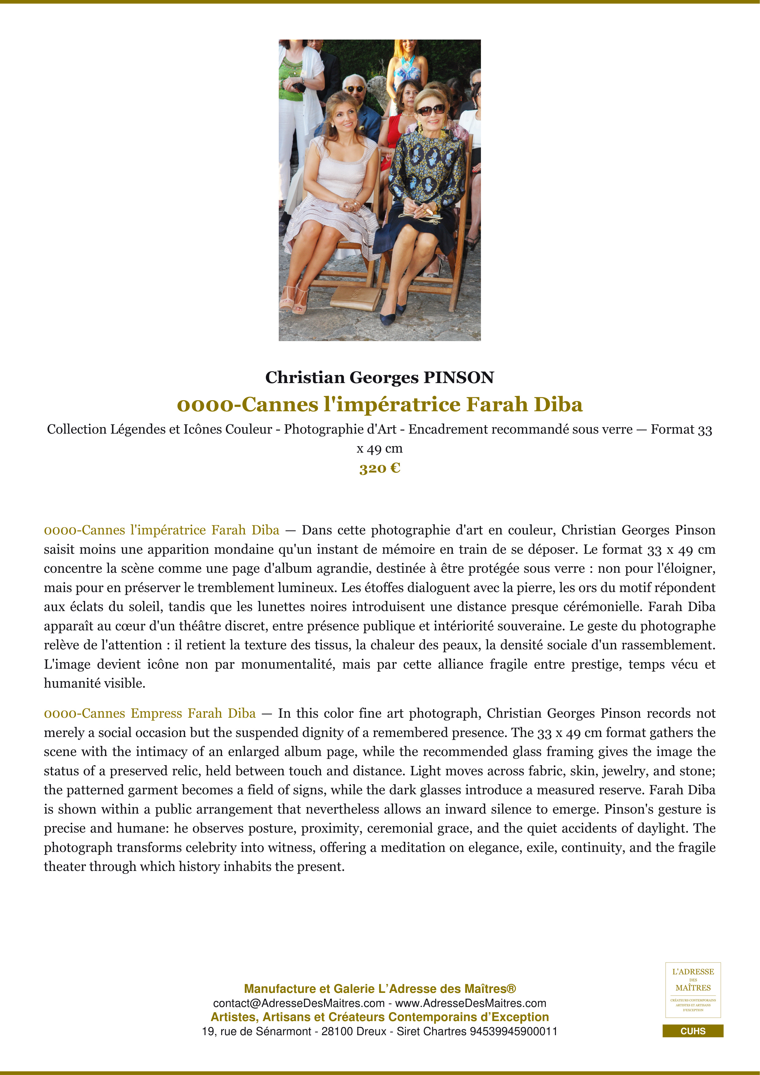 Fiche Premium — 0000-Cannes l'impératrice Farah Diba — Christian Georges PINSON — L'Adresse des Maîtres®
