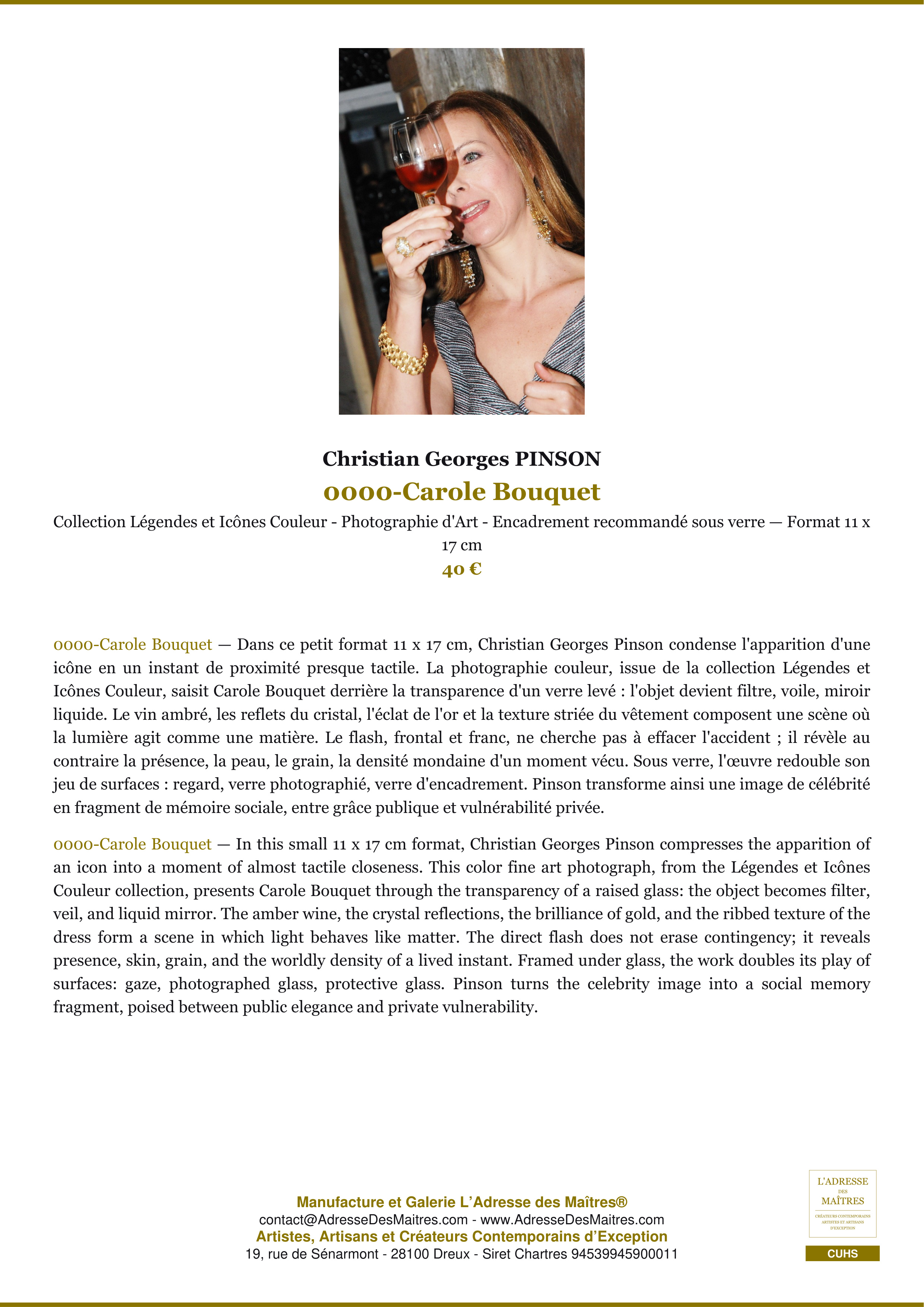 Fiche Premium — 0000-Carole Bouquet — Christian Georges PINSON — L'Adresse des Maîtres®