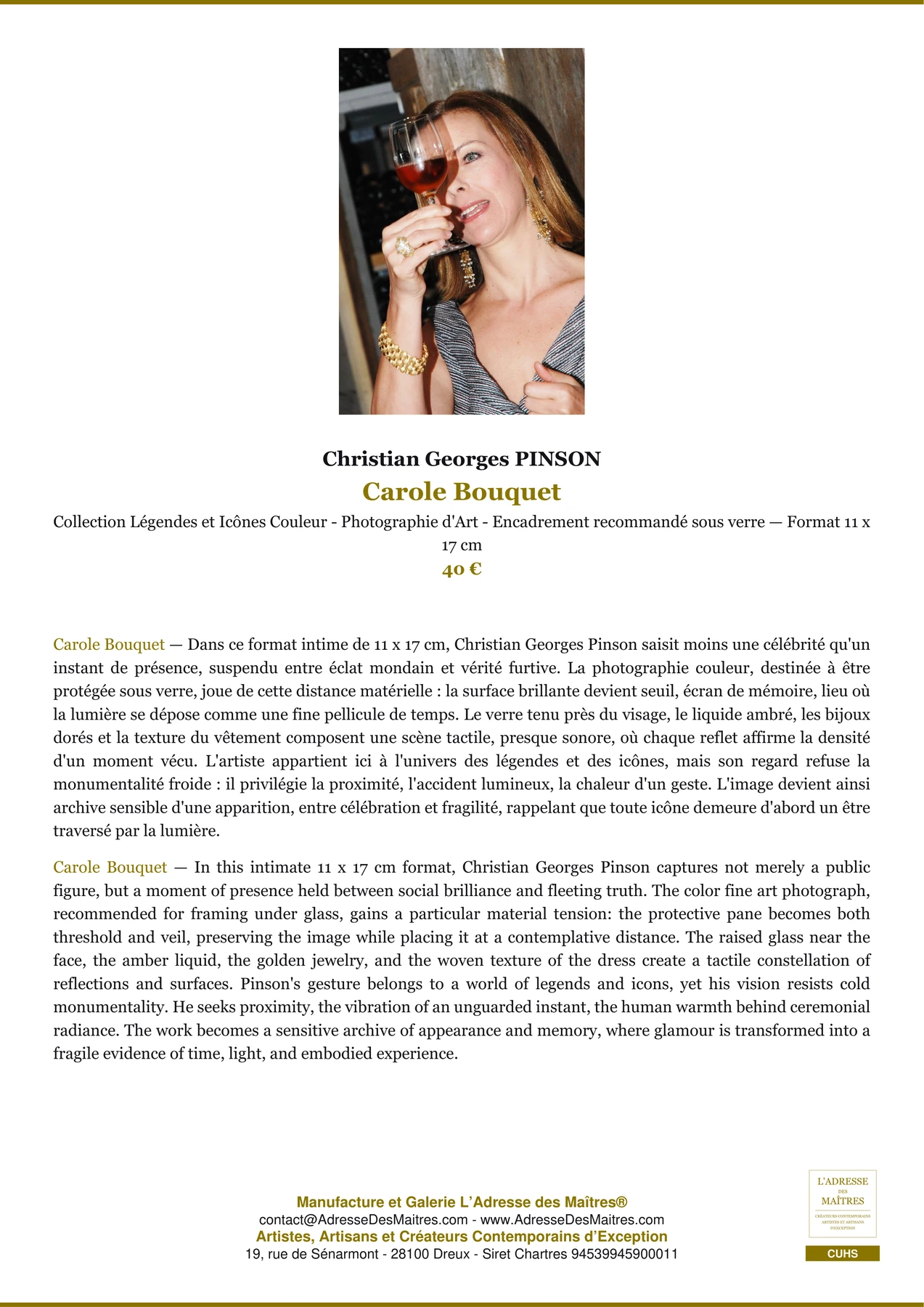 Fiche Premium - Carole Bouquet - Christian Georges PINSON - L'Adresse des Maîtres®