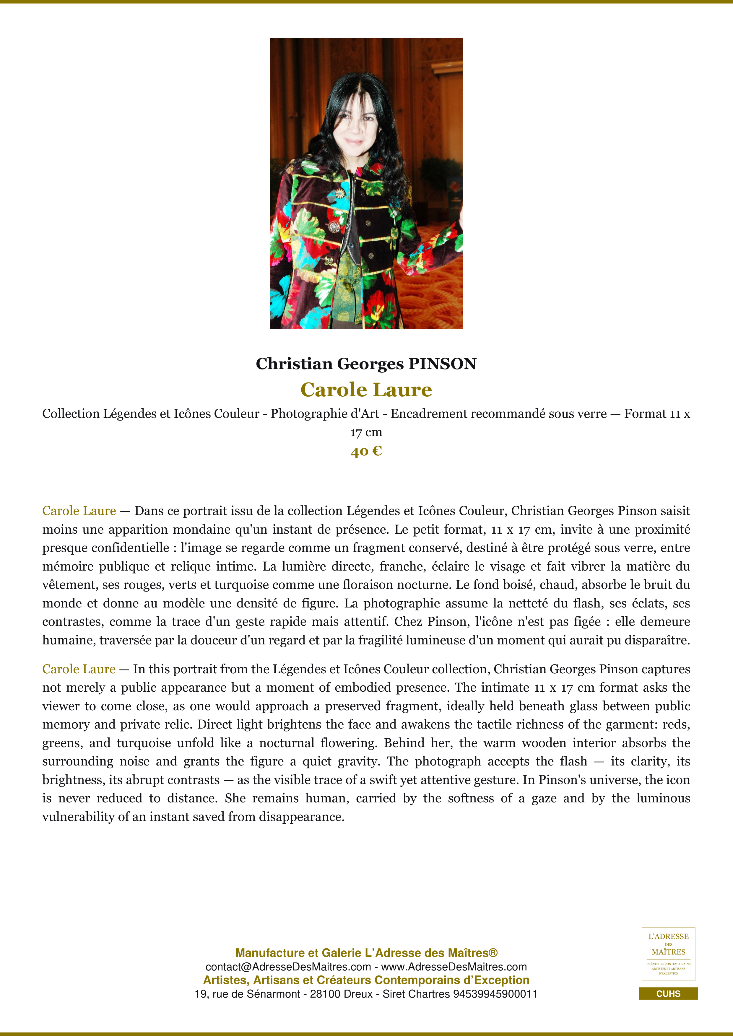 Fiche Premium — Carole Laure — Christian Georges PINSON — L'Adresse des Maîtres®