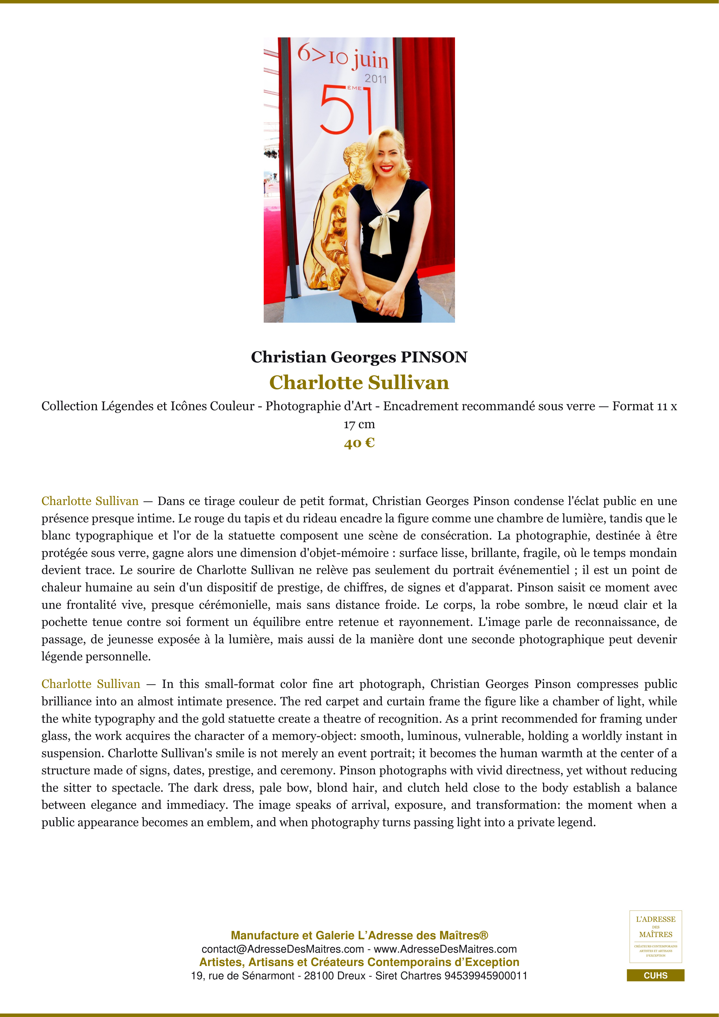 Fiche Premium — Charlotte Sullivan — Christian Georges PINSON — L'Adresse des Maîtres®