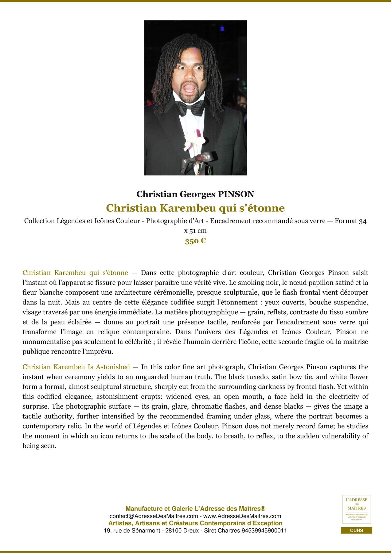 Fiche Premium - Christian Karembeu qui s'étonne - Christian Georges PINSON - L'Adresse des Maîtres®