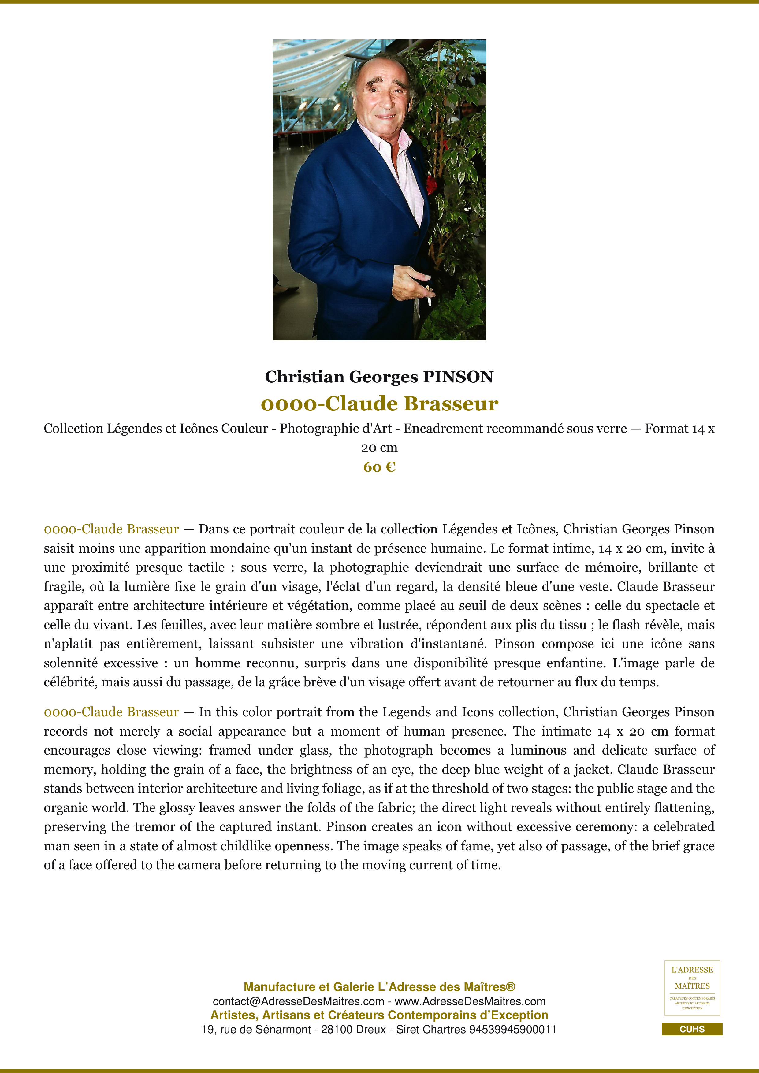 Fiche Premium — 0000-Claude Brasseur — Christian Georges PINSON — L'Adresse des Maîtres®