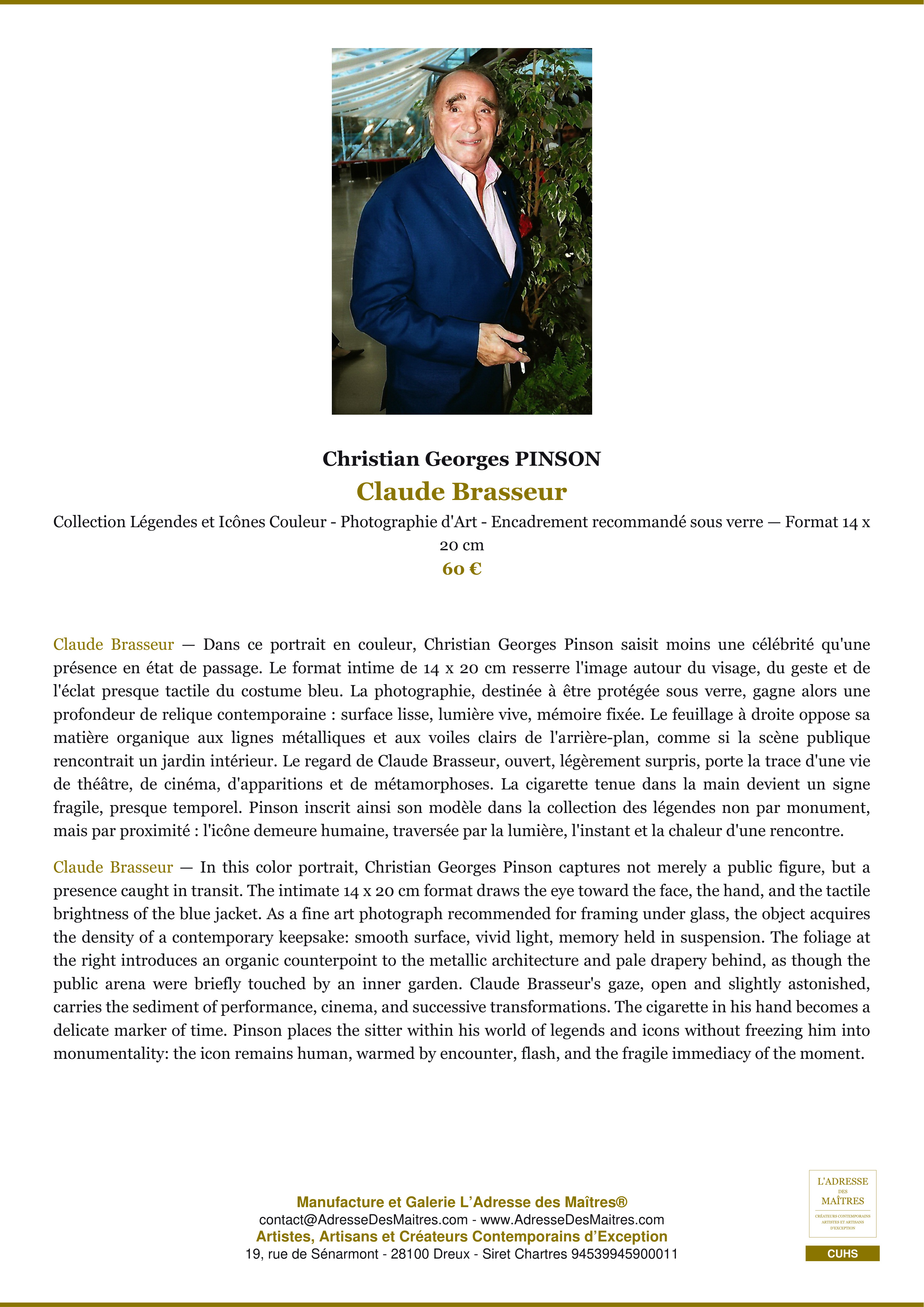 Fiche Premium — Claude Brasseur — Christian Georges PINSON — L'Adresse des Maîtres®