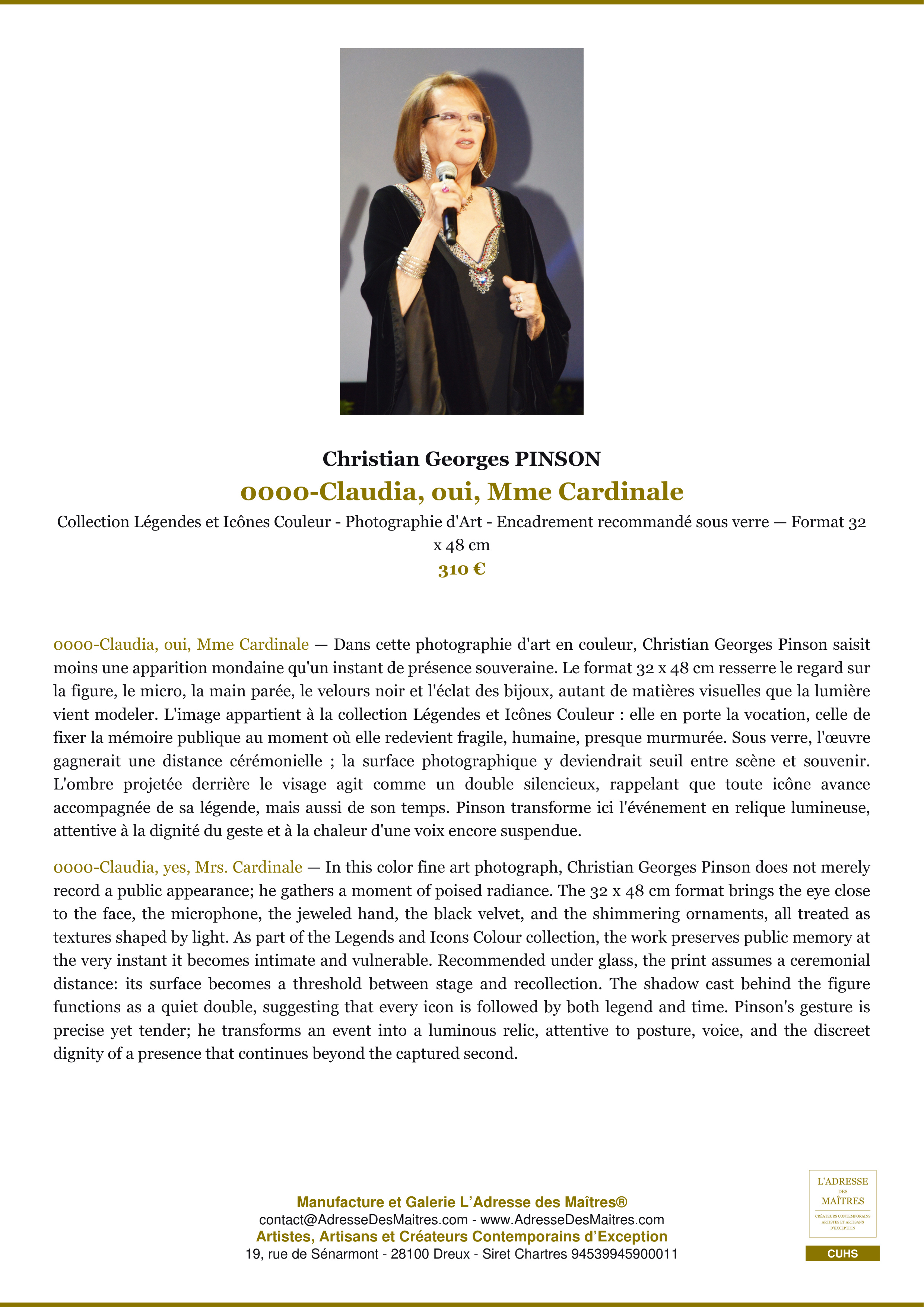 Fiche Premium — 0000-Claudia, oui, Mme Cardinale — Christian Georges PINSON — L'Adresse des Maîtres®