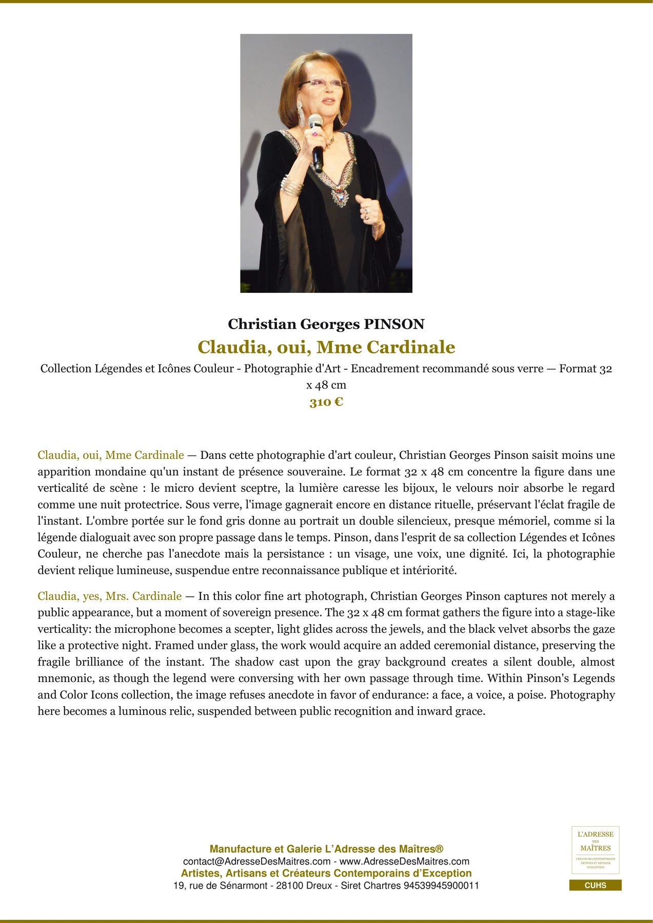 Fiche Premium - Claudia, oui, Mme Cardinale - Christian Georges PINSON - L'Adresse des Maîtres®
