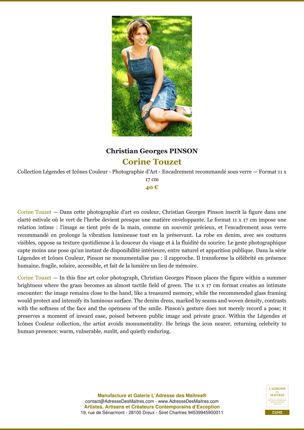 Fiche Premium - Corine Touzet - Christian Georges PINSON - L'Adresse des Maîtres®