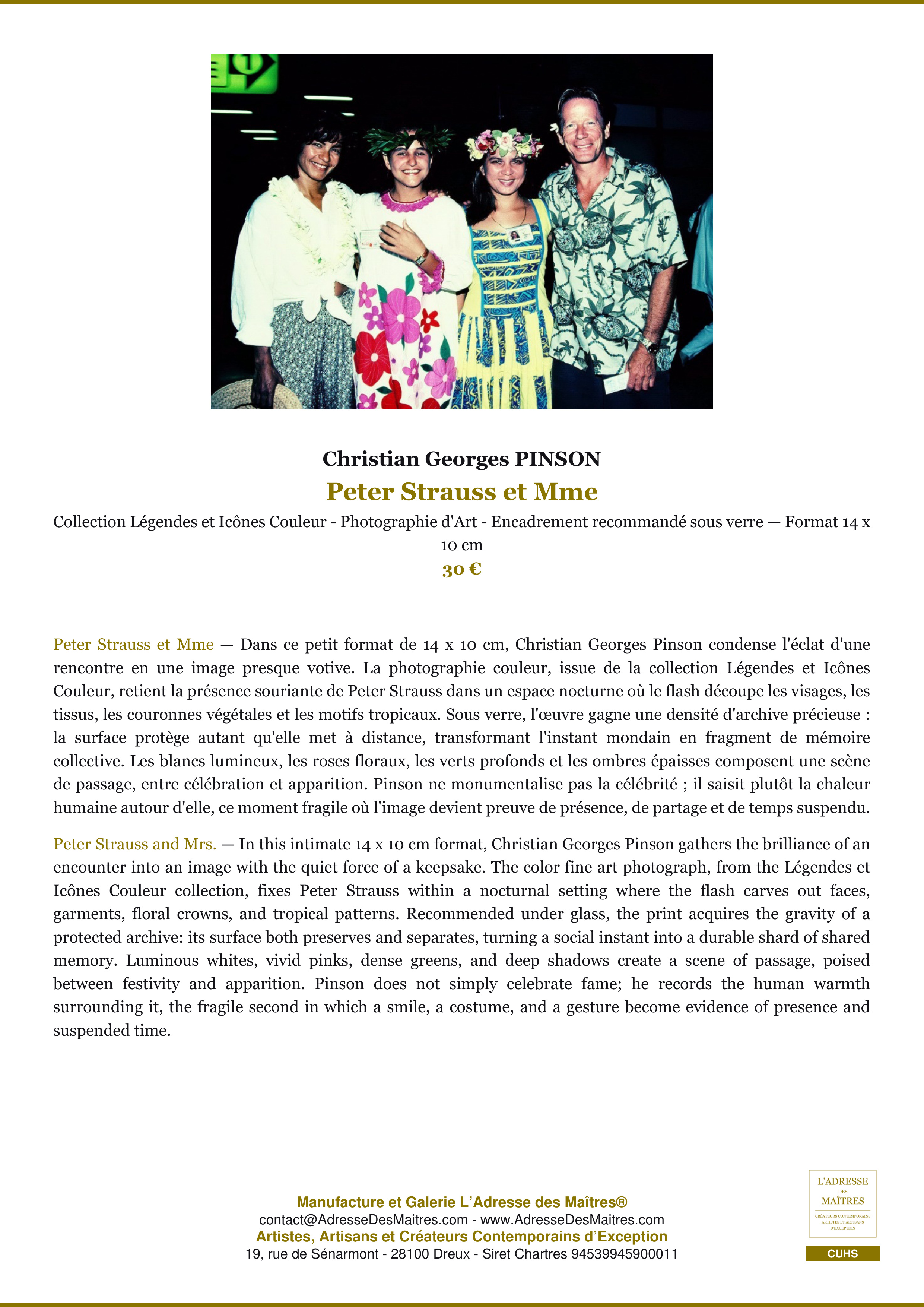 Fiche Premium — Peter Strauss et Mme — Christian Georges PINSON — L'Adresse des Maîtres®