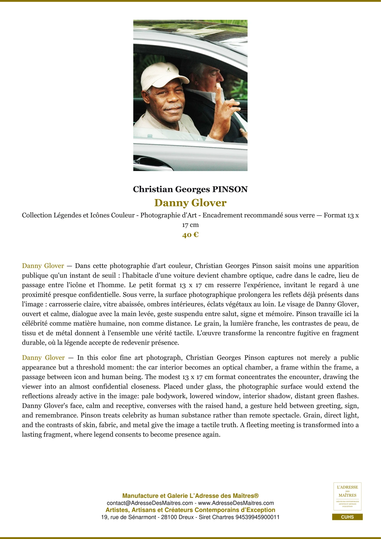 Fiche Premium - Danny Glover - Christian Georges PINSON - L'Adresse des Maîtres®