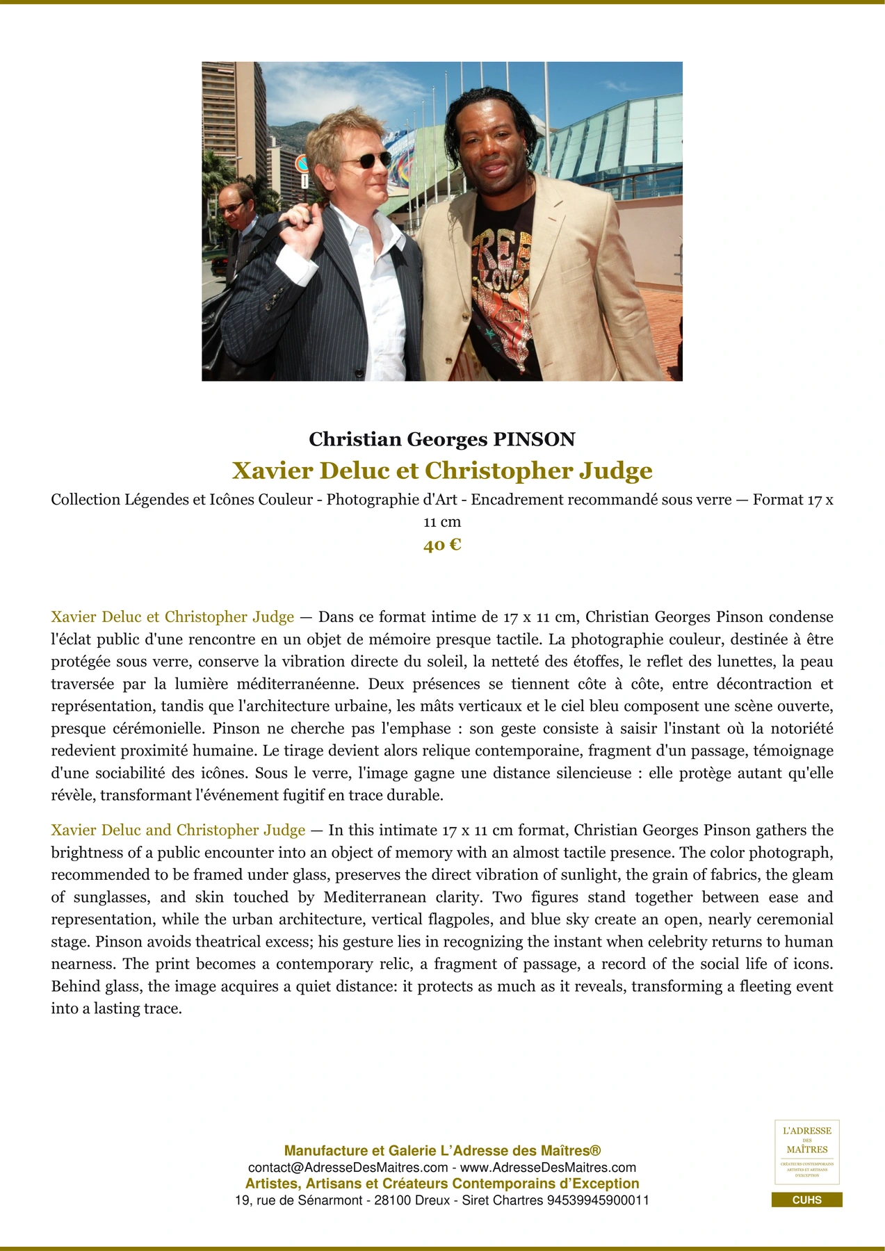 Fiche Premium - Xavier Deluc et Christopher Judge - Christian Georges PINSON - L'Adresse des Maîtres®