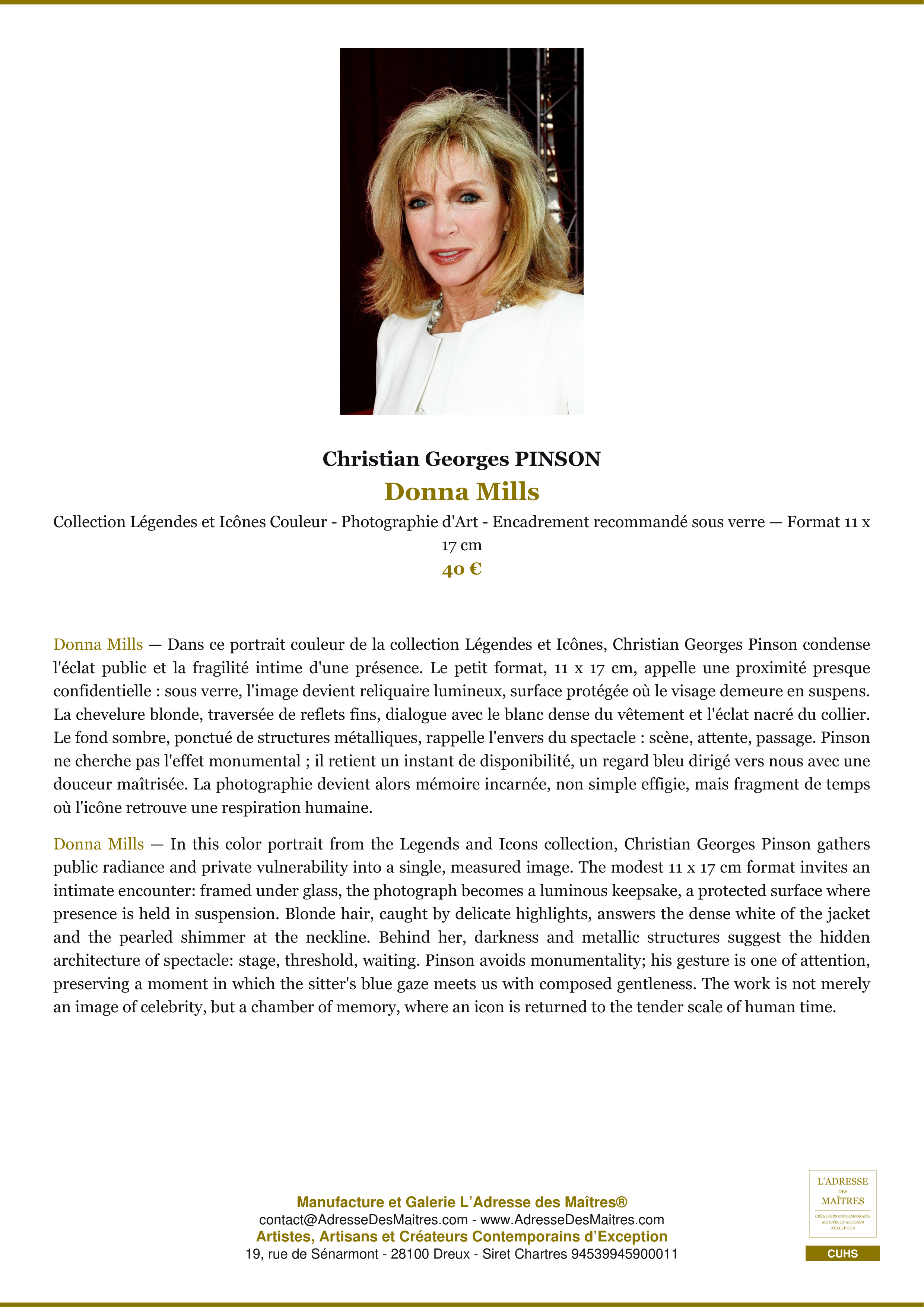 Fiche Premium — Donna Mills — Christian Georges PINSON — L'Adresse des Maîtres®
