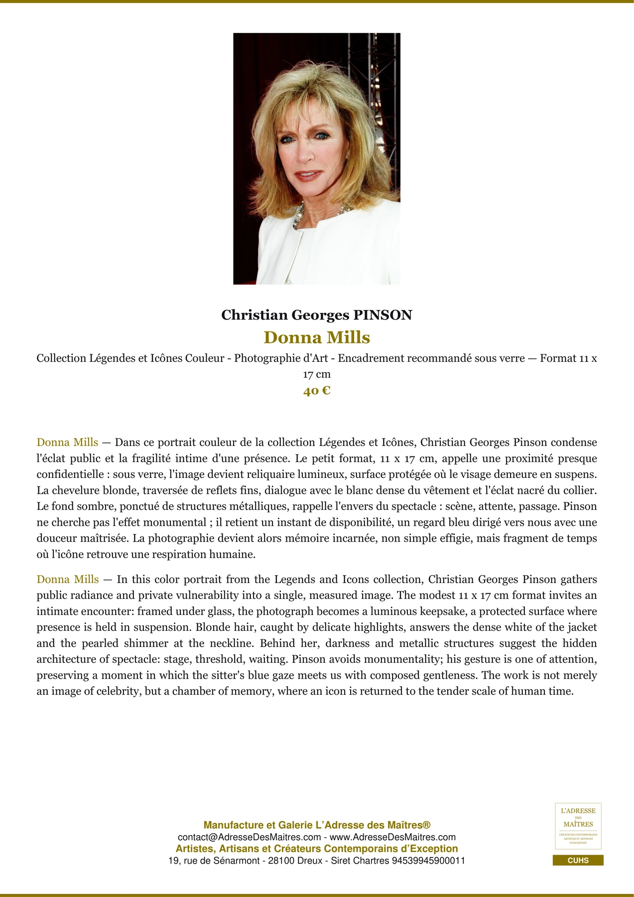 Fiche Premium - Donna Mills - Christian Georges PINSON - L'Adresse des Maîtres®