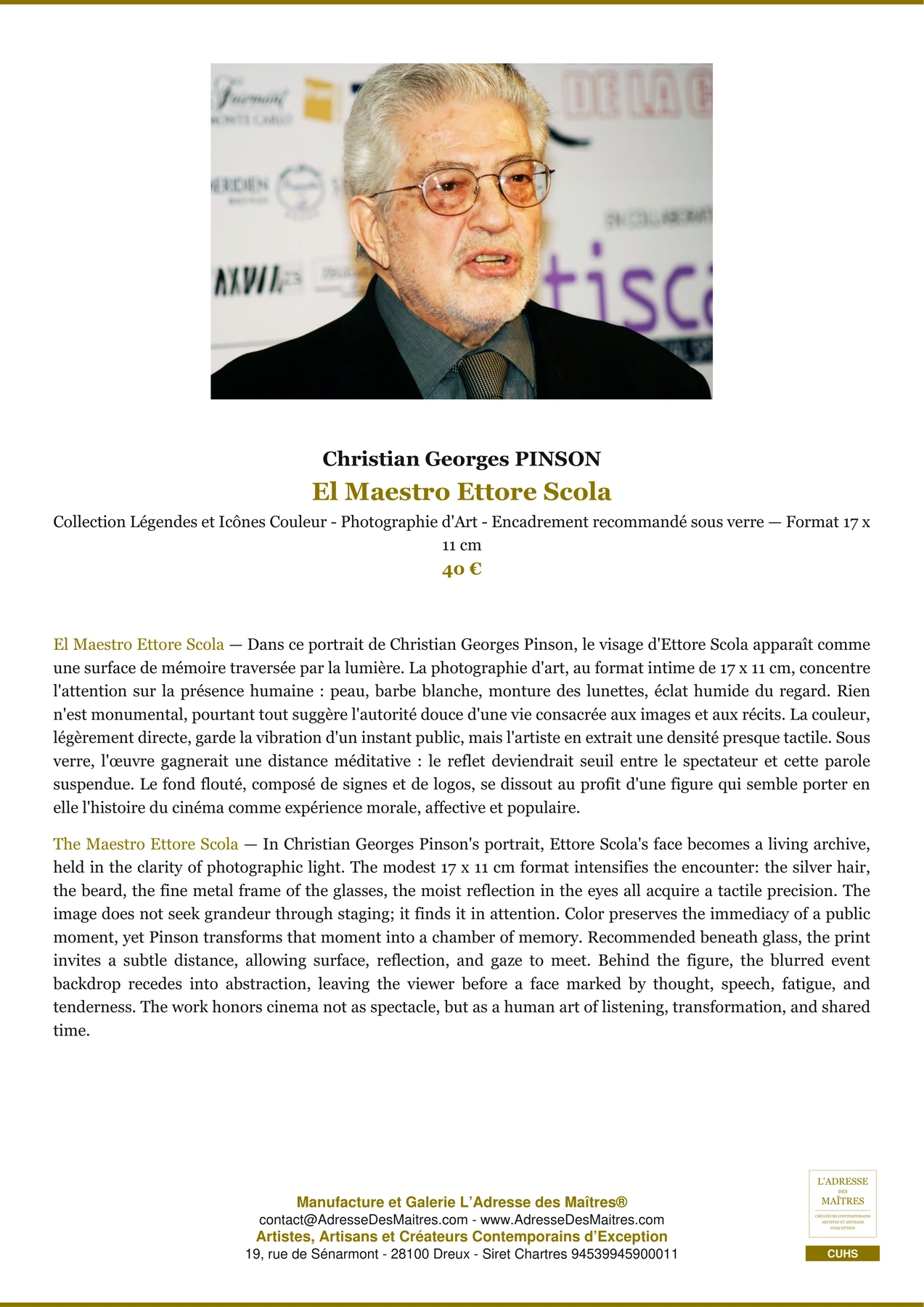 Fiche Premium - El Maestro Ettore Scola - Christian Georges PINSON - L'Adresse des Maîtres®