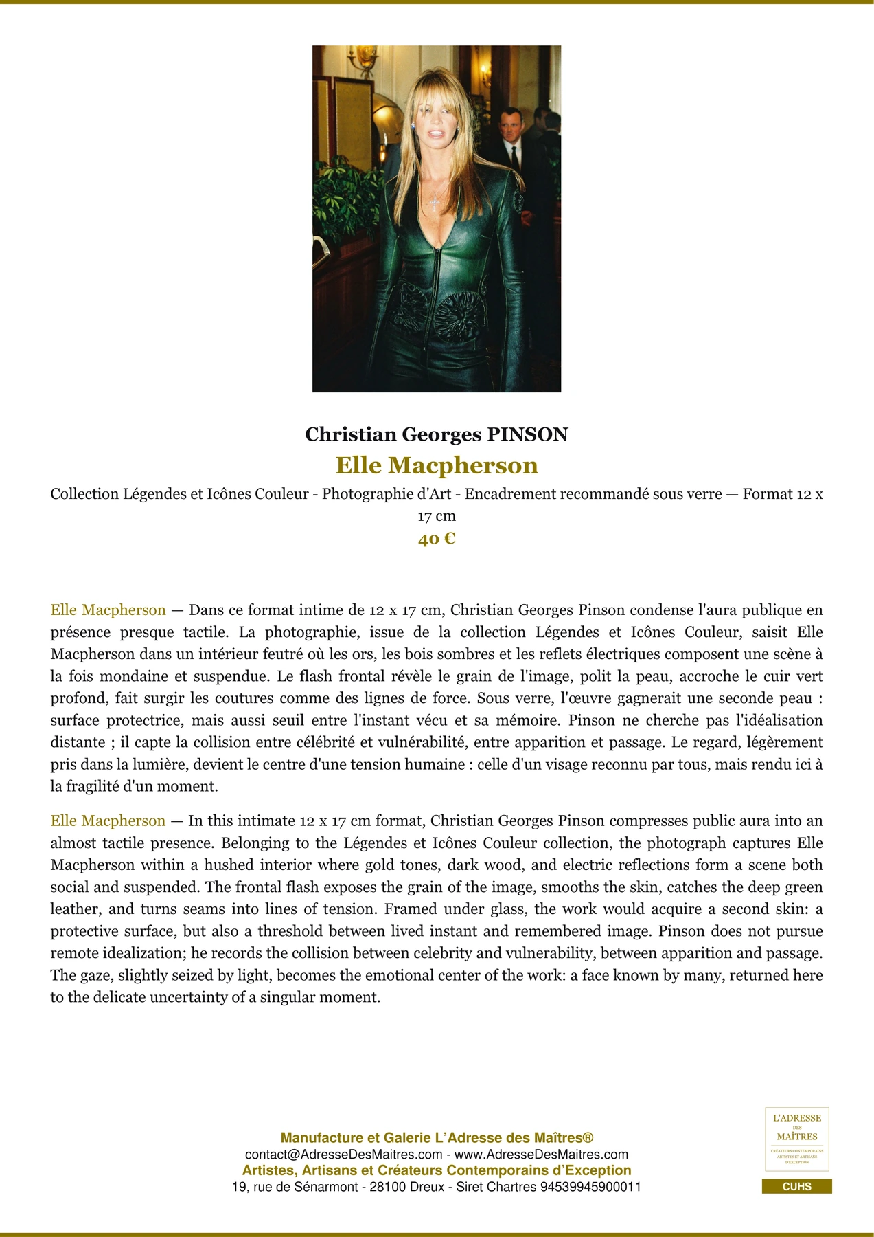 Fiche Premium - Elle Macpherson - Christian Georges PINSON - L'Adresse des Maîtres®
