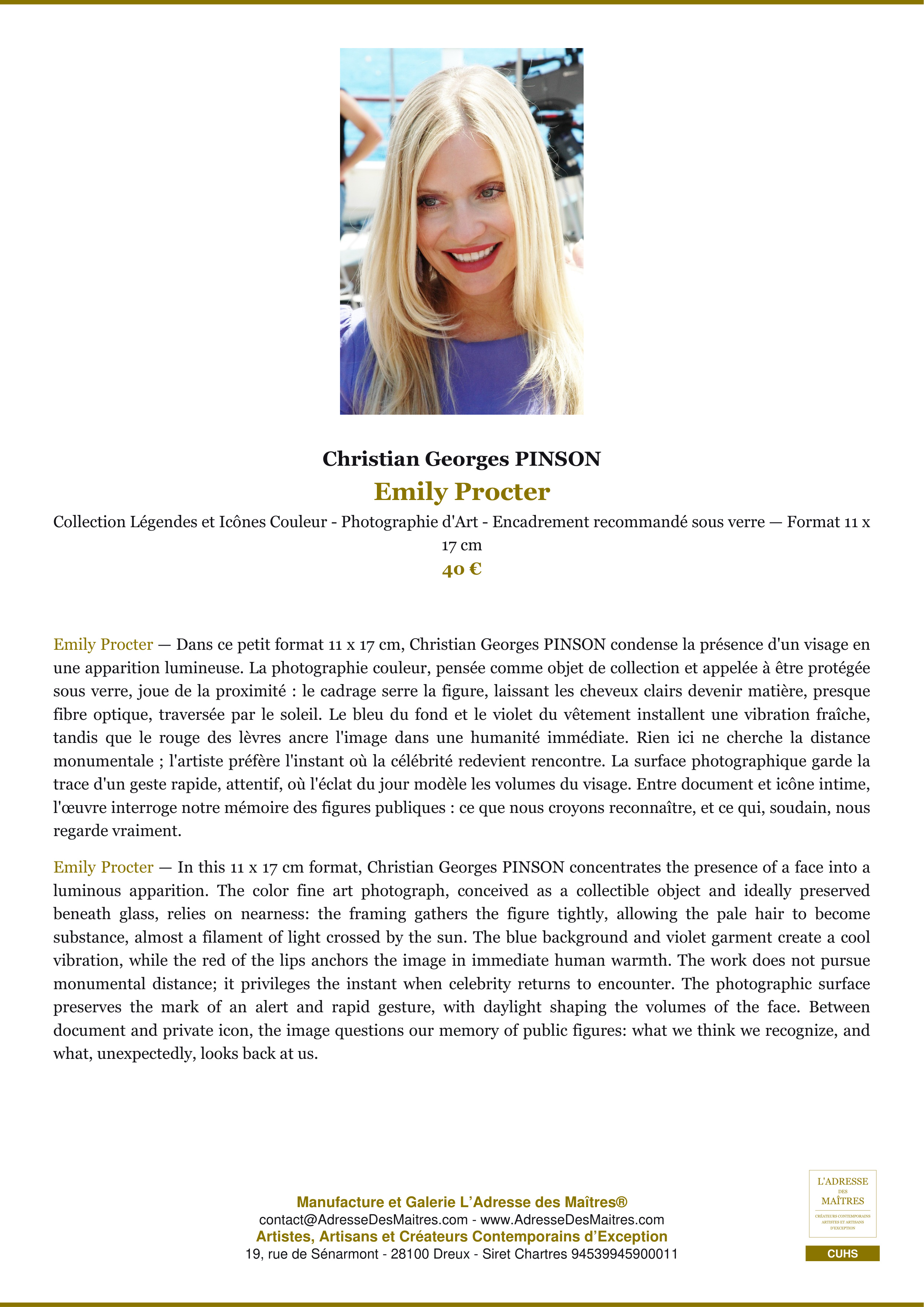 Fiche Premium — Emily Procter — Christian Georges PINSON — L'Adresse des Maîtres®