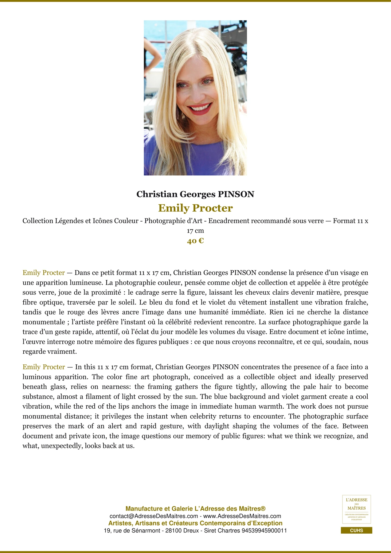 Fiche Premium - Emily Procter - Christian Georges PINSON - L'Adresse des Maîtres®
