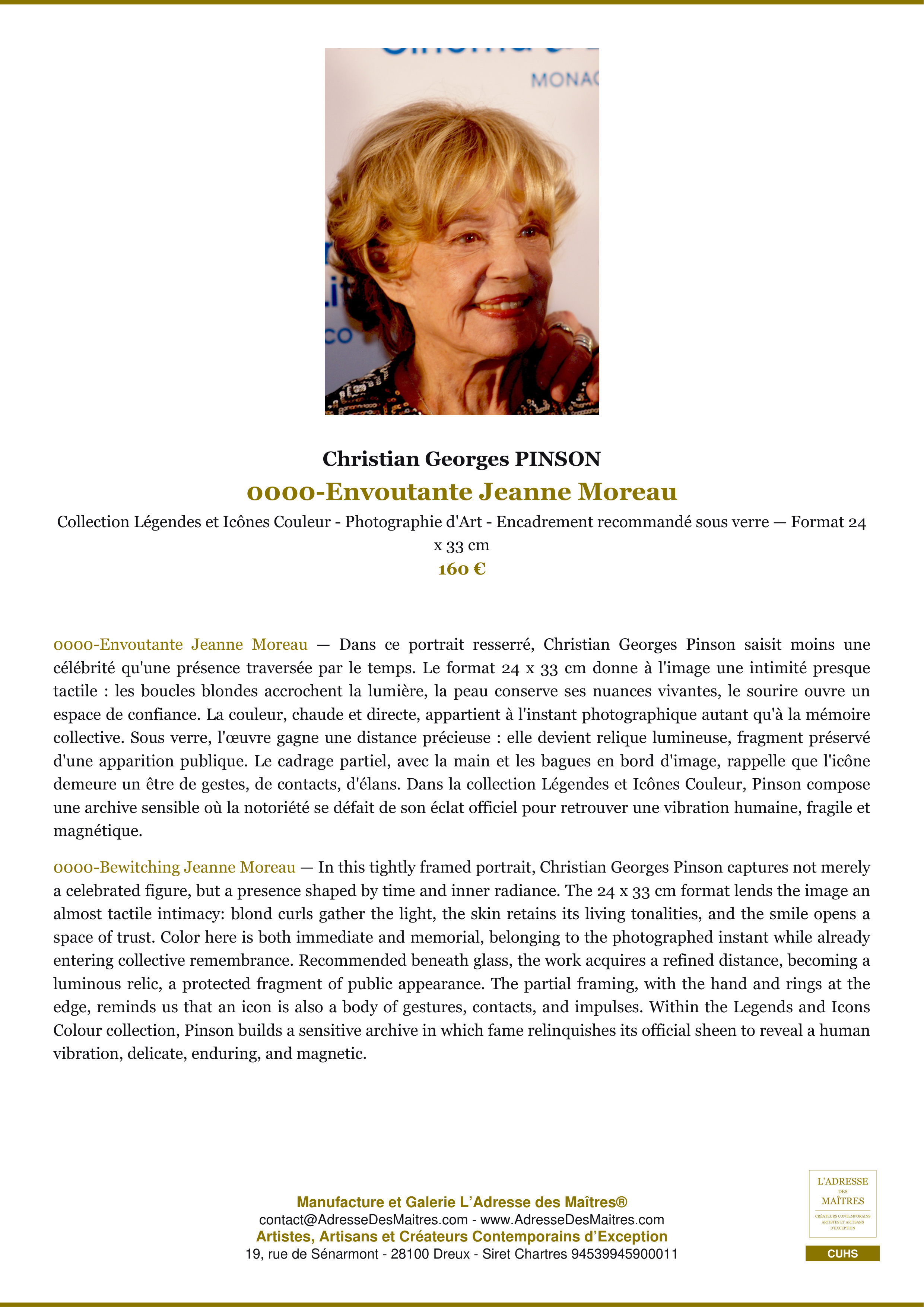 Fiche Premium — 0000-Envoutante Jeanne Moreau — Christian Georges PINSON — L'Adresse des Maîtres®