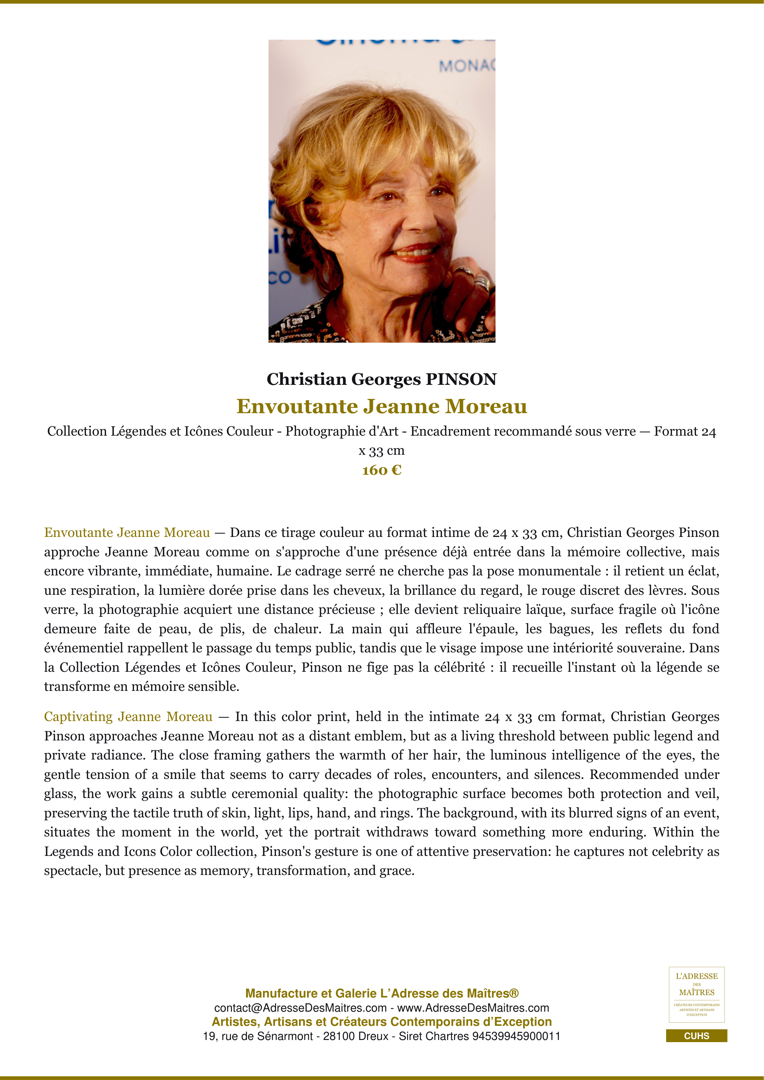 Fiche Premium — Envoutante Jeanne Moreau — Christian Georges PINSON — L'Adresse des Maîtres®