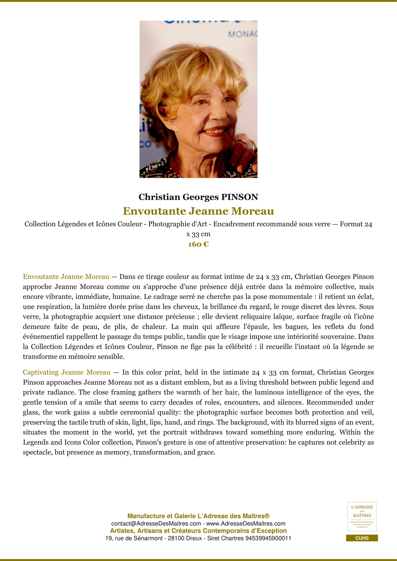 Fiche Premium - Envoutante Jeanne Moreau - Christian Georges PINSON - L'Adresse des Maîtres®