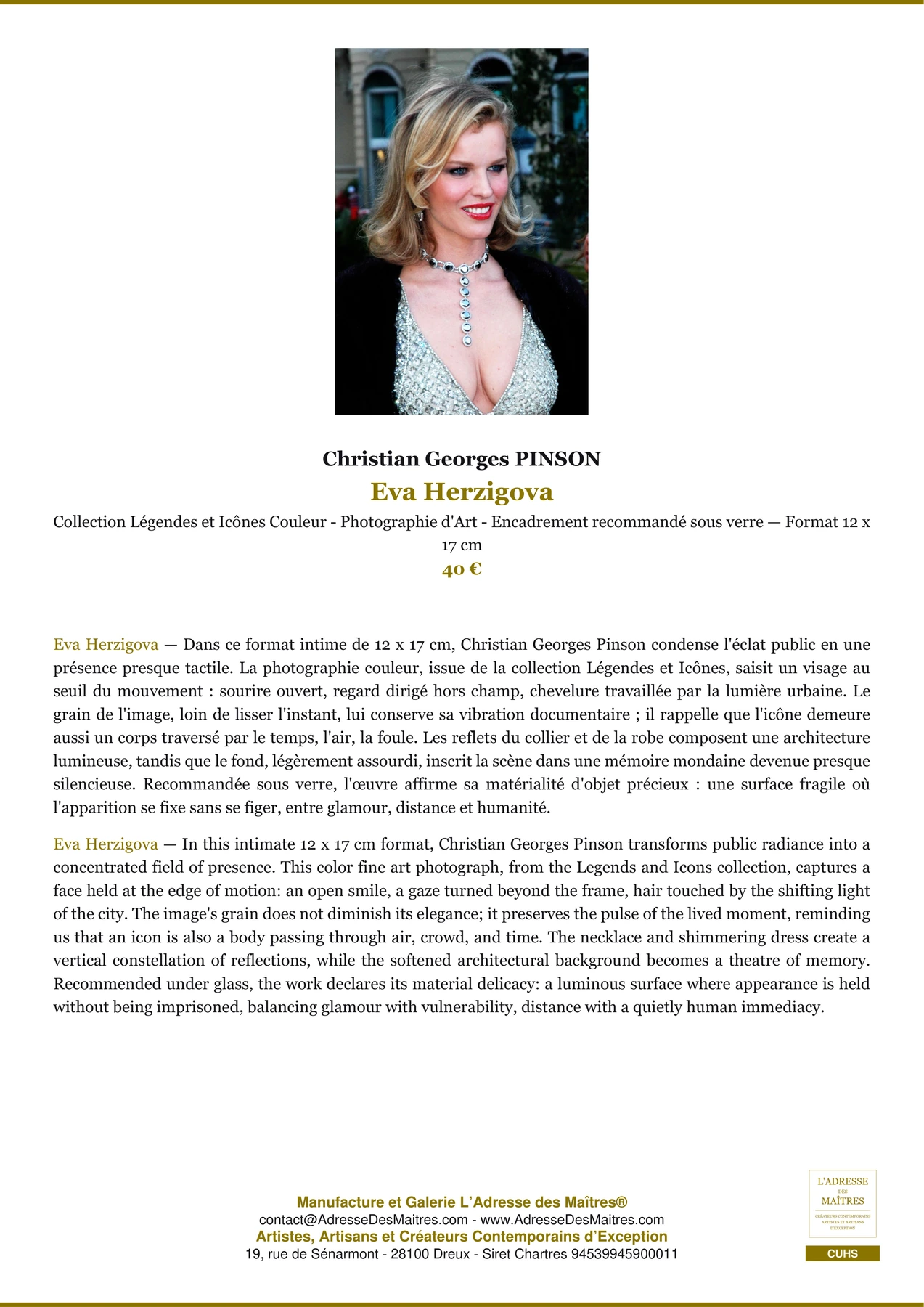 Fiche Premium - Eva Herzigova - Christian Georges PINSON - L'Adresse des Maîtres®