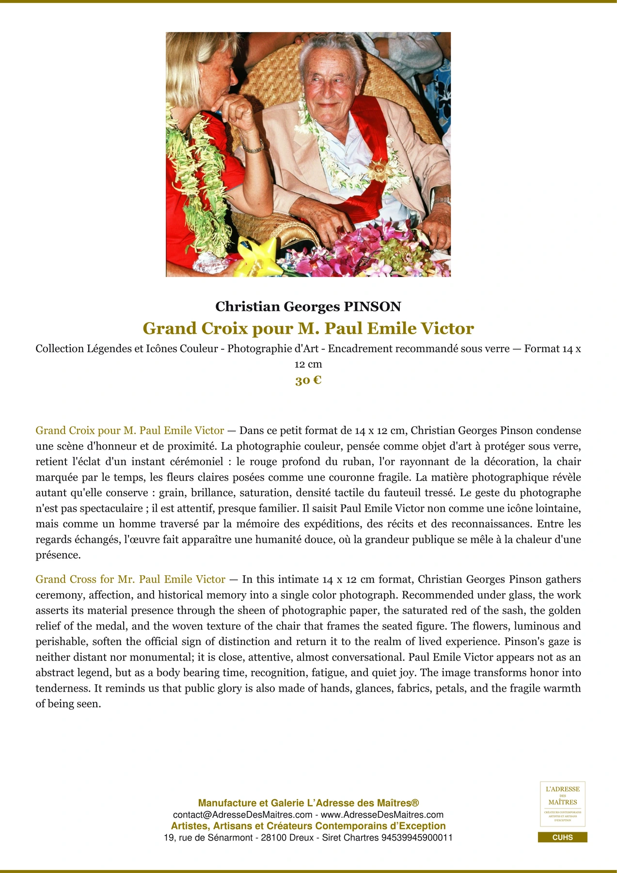 Fiche Premium - Grand Croix pour M. Paul Emile Victor - Christian Georges PINSON - L'Adresse des Maîtres®